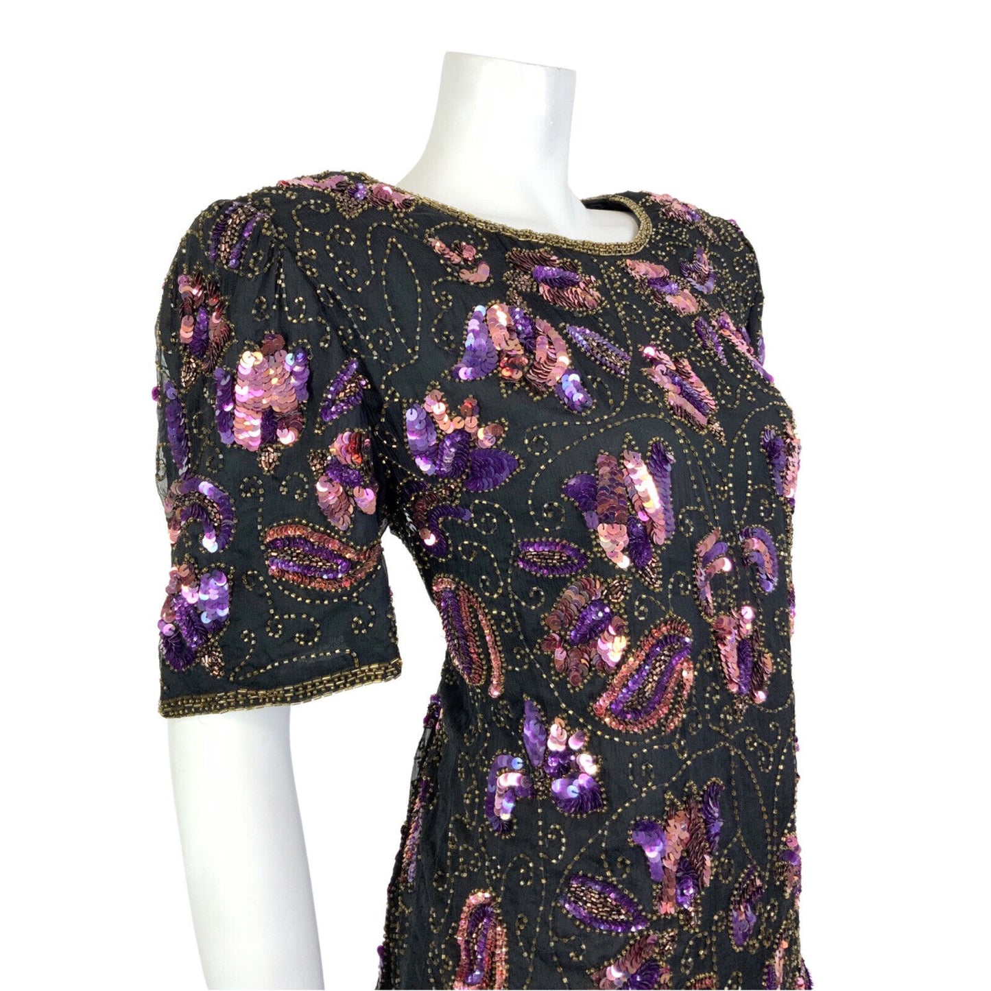 VINTAGE 70s BLACK PURPLE GOLD FLORAL SWIRL SEQUIN DISCO GLAM PARTY TOP 14 16