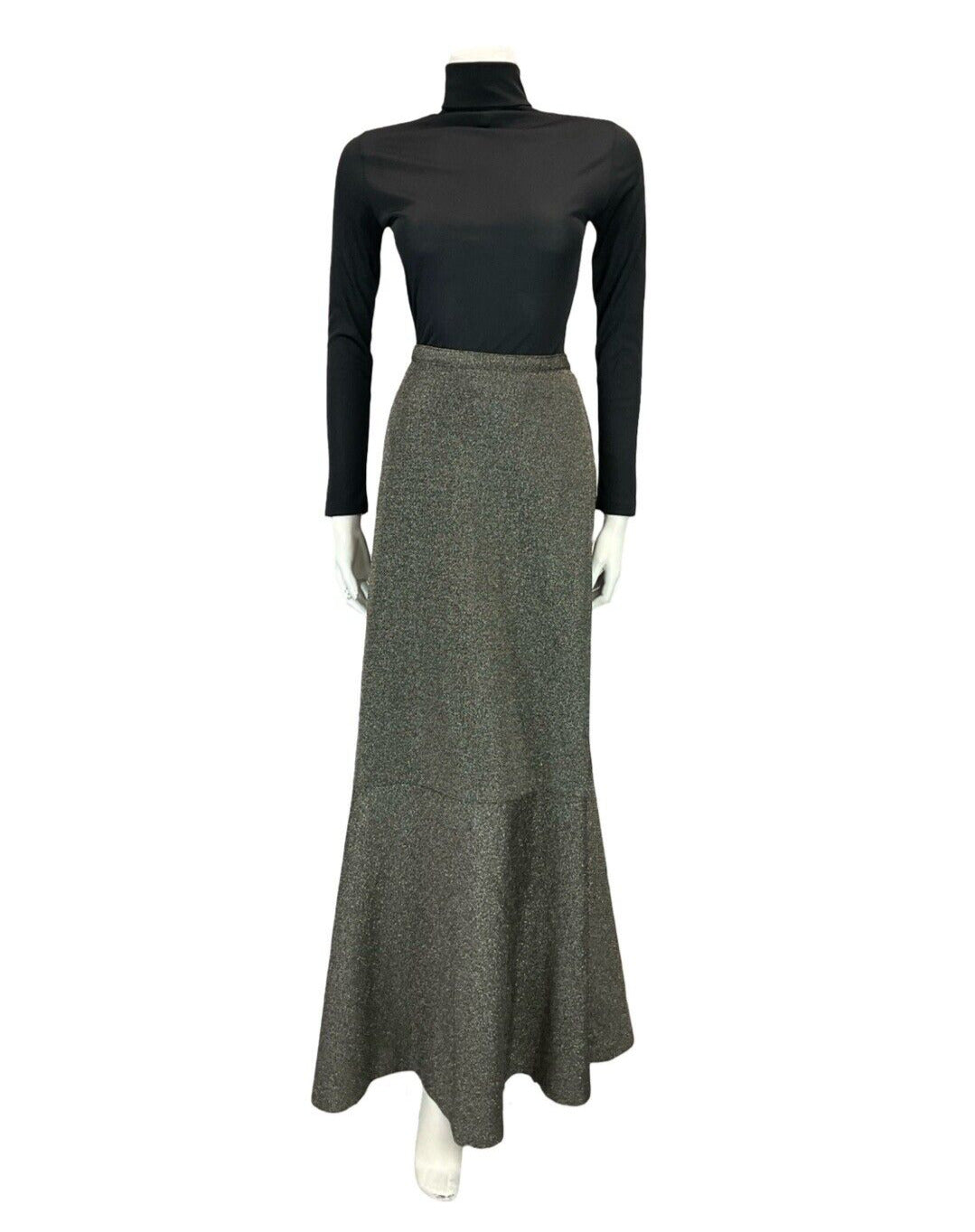 VTG 70S CHARCOAL SILVER GLITTERY PARTY LUREX FLARE FISHTAIL MAXI SKIRT 10 12