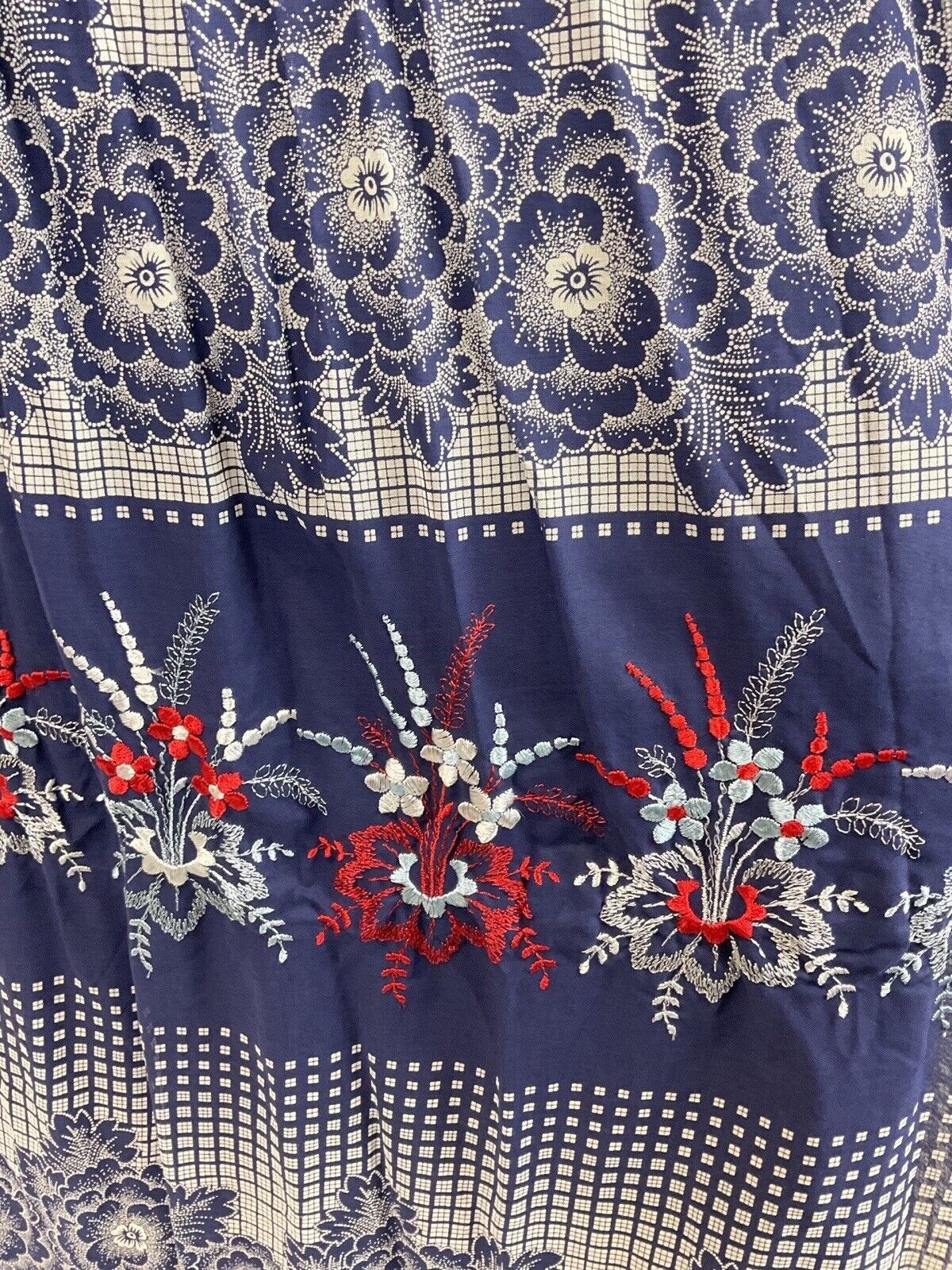 VINTAGE 60s 70s BLUE WHITE RED CHECKED FLORAL EMBROIDERED MAXI DRESS 14 16
