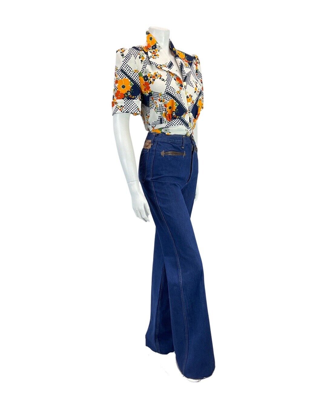 VINTAGE 70s WHITE BLUE ORANGE FLORAL POPPY PEPLUM SHIRT BLOUSE 12