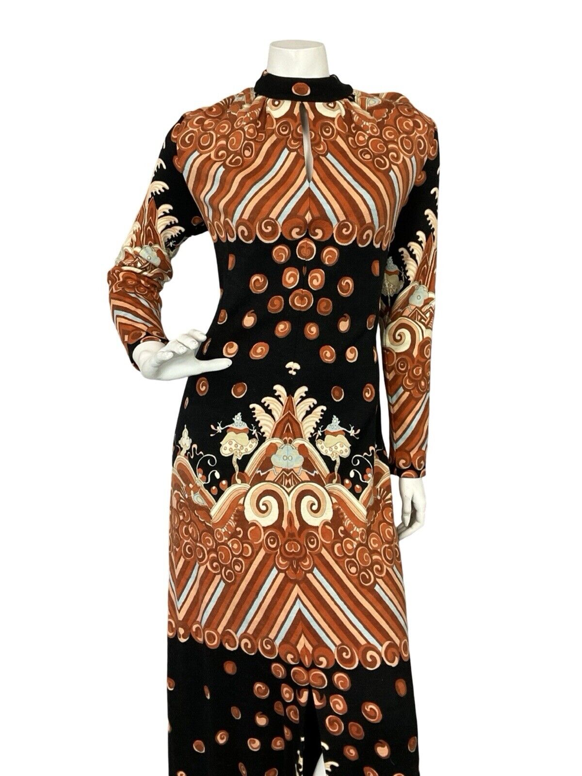VTG 60S 70S ORANGE BLUE BLACK PSYCHEDELIC HIPPY KEYHOLE PARTY MAXI DRESS S 8 10