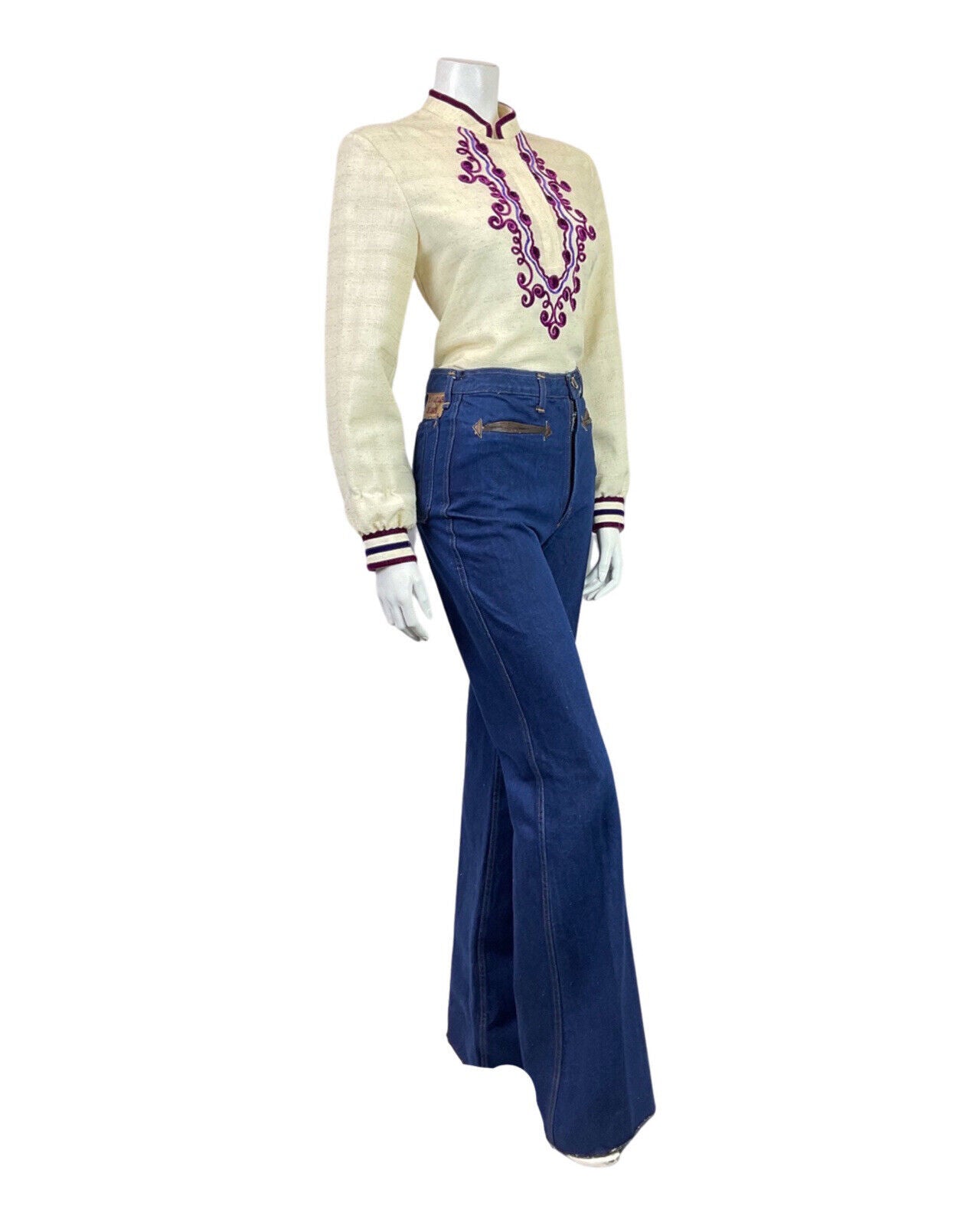 VINTAGE 70s CREAM PURPLE WINE VELVET SWIRL LUCIE LINDEN BOHO BLOUSE 12 14