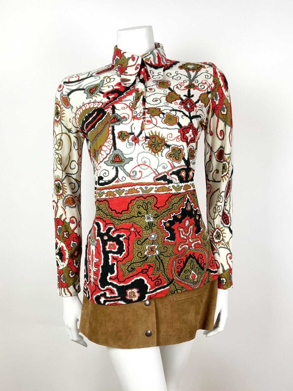 VINTAGE 60s 70s WHITE GOLD RED BLACK PSYCHEDELIC FLORAL DOG-EAR COLLAR BLOUSE 12