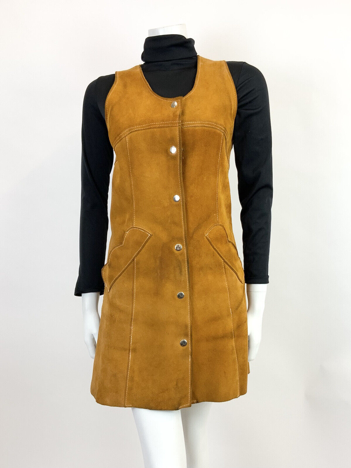 VTG 60s 70s BROWN SUEDE LEATHER SCALLOPED BOHO MOD PINAFORE PINNY DRESS 8 10