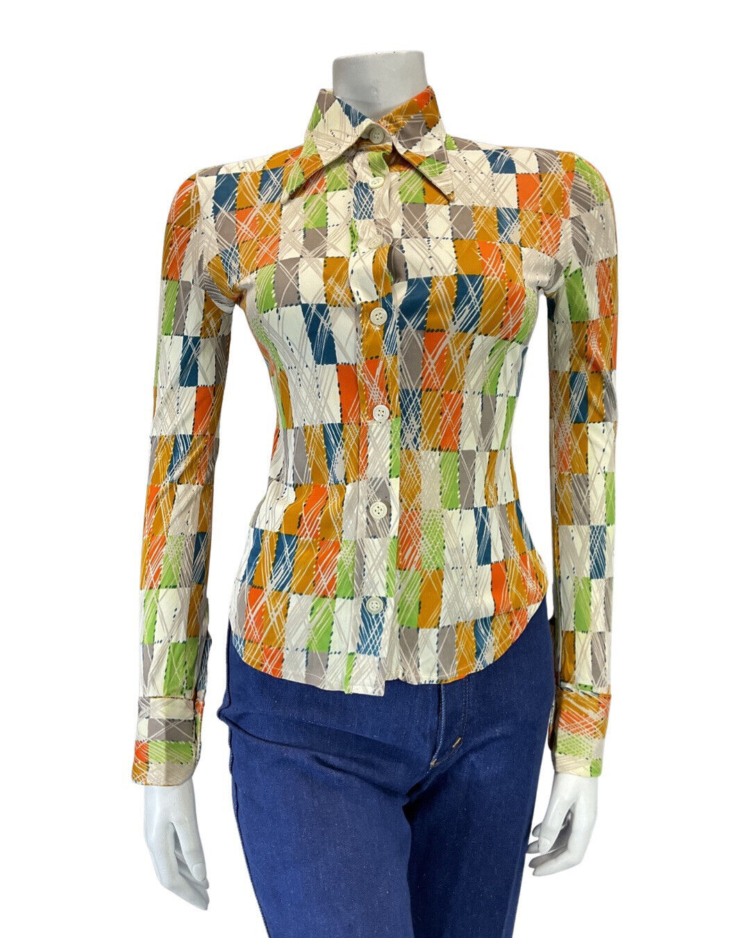 VINTAGE 60s 70s WHITE GREEN ORANGE GEOMETRIC CHECKED MOD DAGGER SHIRT 6 8