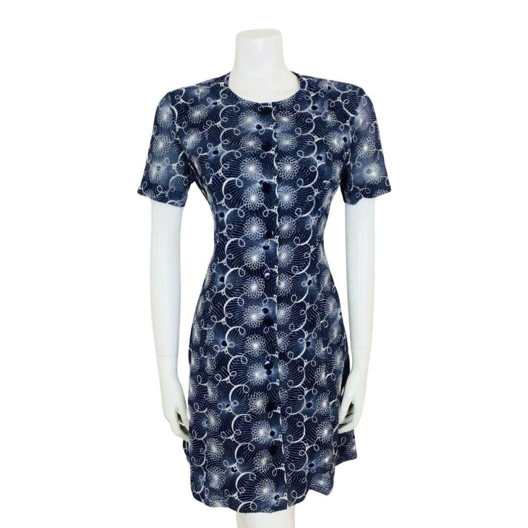 VINTAGE 1960S NAVY BLUE WHITE EMBROIDERED FLORAL SPIROGRAPH DRESS 10 12