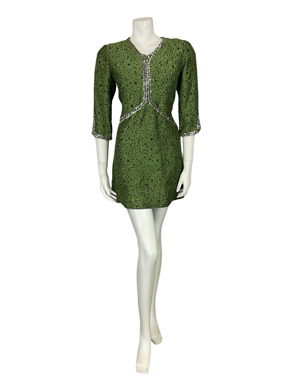 VTG 60S V NECK HALF SLEEVE GREEN SILVER SEQUIN LUREX PARTY MINI DRESS 10