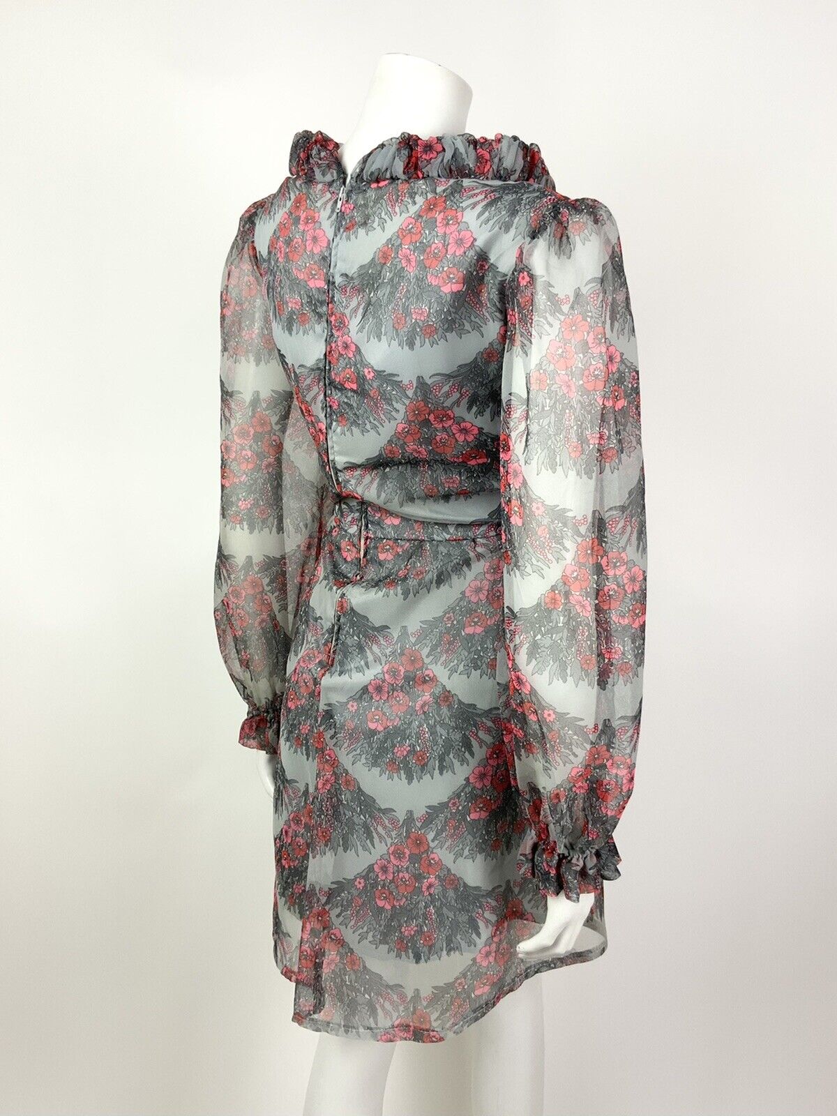 VINTAGE 60s 70s GREY RED PINK FLORAL SCALES RUFFLED SHEER MOD DRESS 12 14