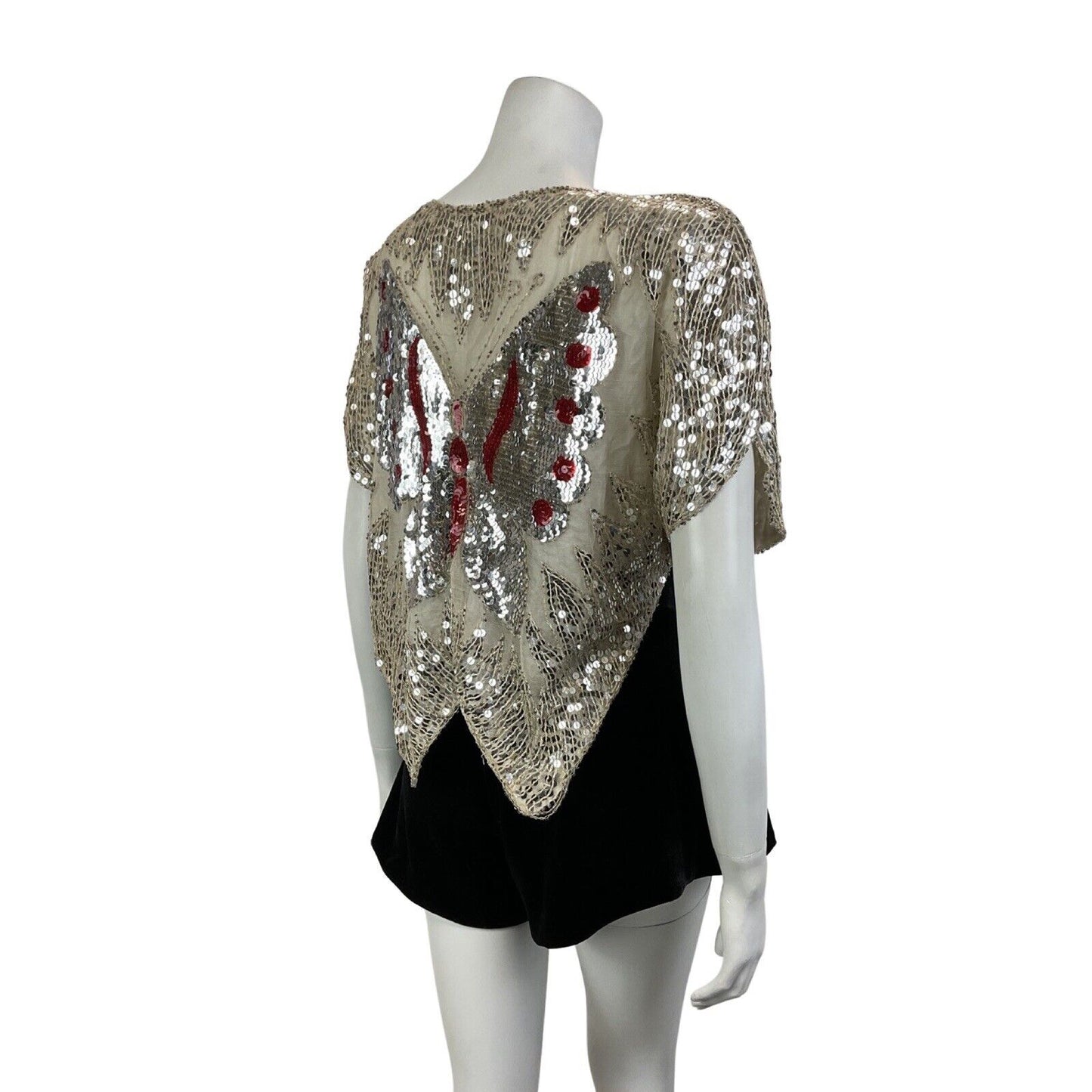 VINTAGE 70s WHITE RED SILVER SEQUIN BEADED BUTTERFLY DISCO GLAM PARTY TOP 12 14