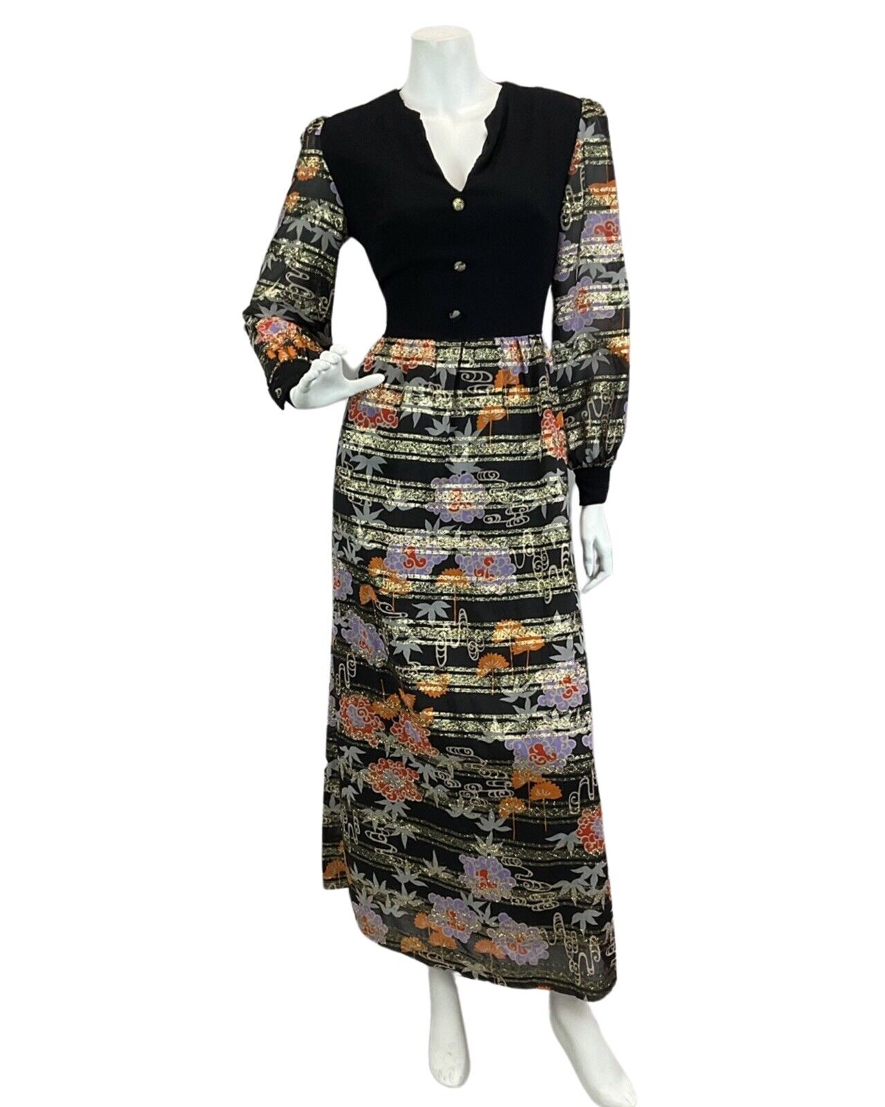 VTG 60s 70s BLACK GOLD ORANGE RED FLORAL METALLIC DISCO PARTY MAXI DRESS 8 10