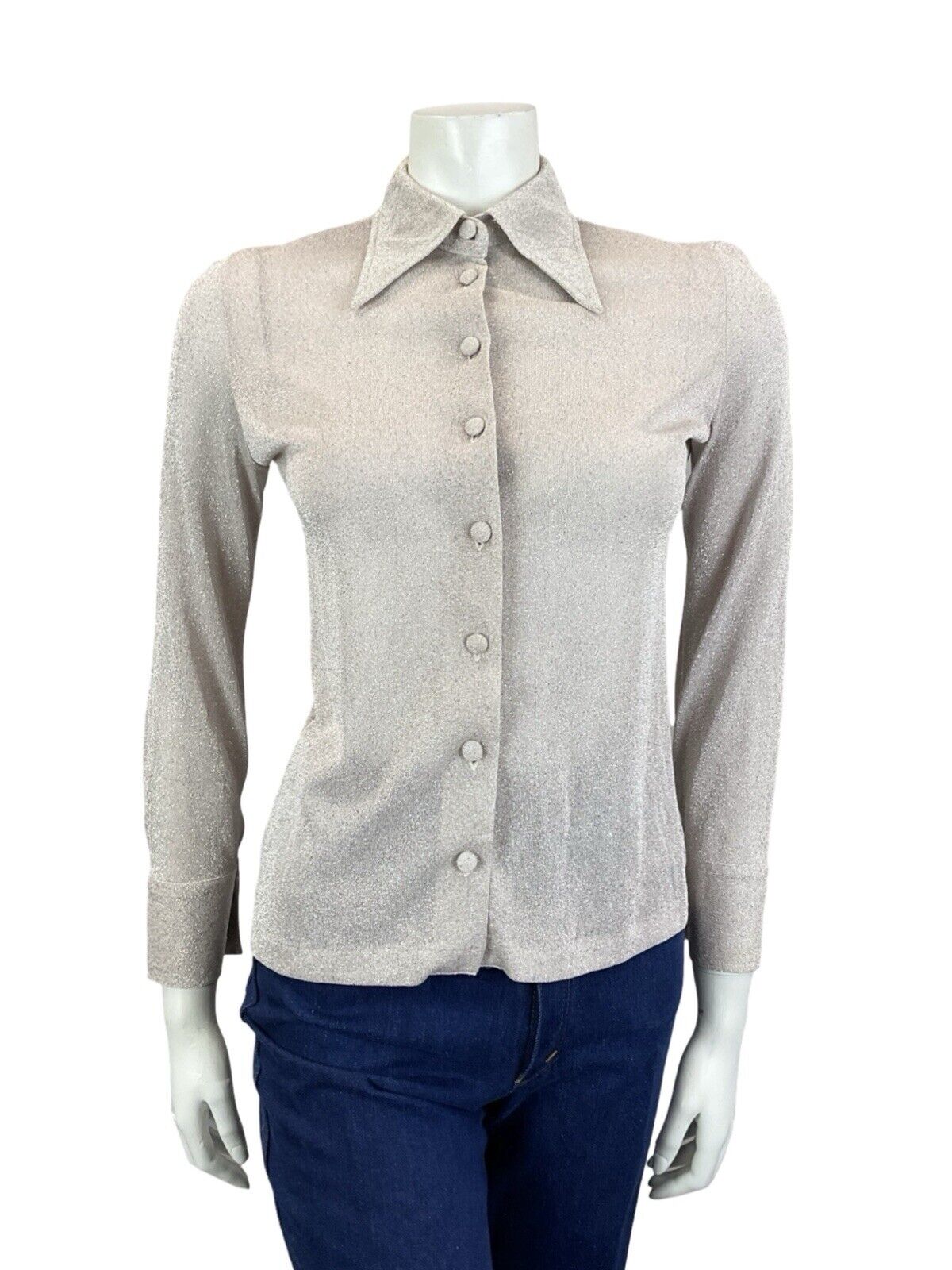 VTG 60S 70S WHITE PASTEL PINK DAGGER COLLAR LONG SLEEVE LUREX PARTY SHIRT 6