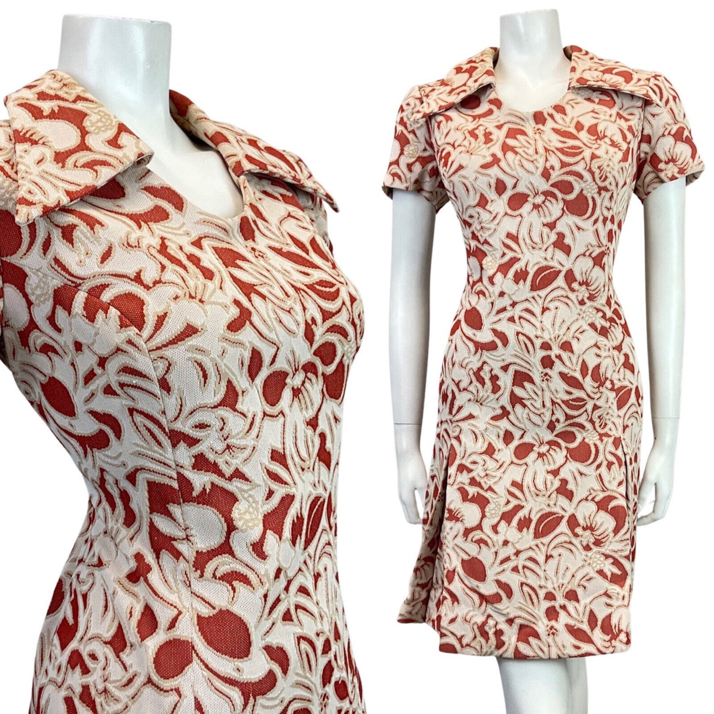 VINTAGE 60s 70s CREAM WHITE RED FLORAL PSYCHEDELIC MOD DAGGER COLLAR DRESS 14
