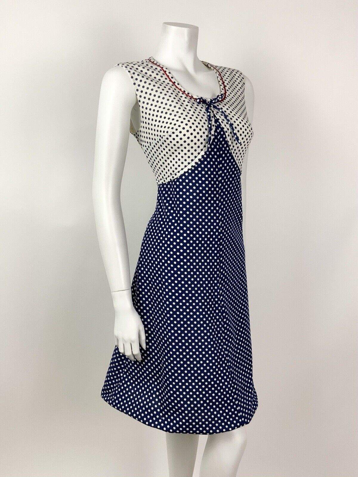 VINTAGE 60s 70s BLUE WHITE RED POLKA-DOT BOW MOD SLEEVELESS DRESS 12 14