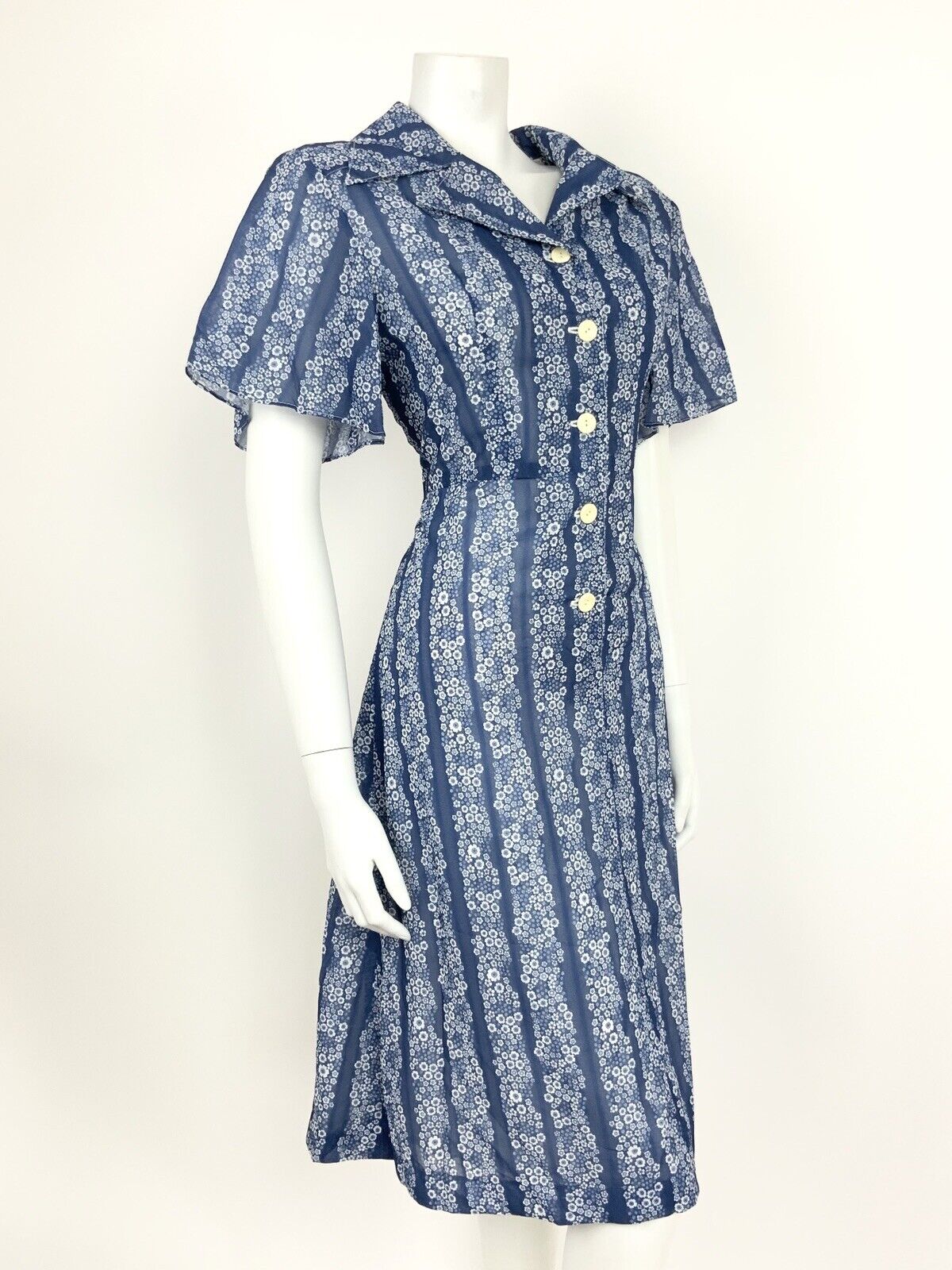 VTG 60s 70s BLUE WHITE STRIPED FLORAL DITSY SHIRT WAIST DAISY MOD DRESS 14