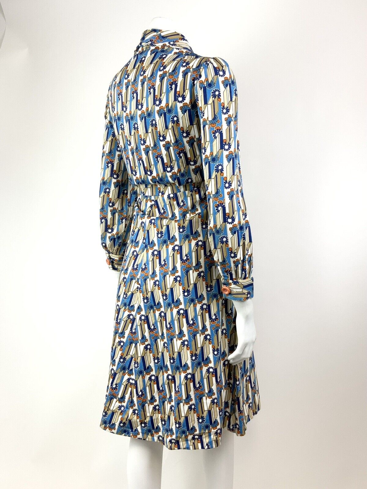 VINTAGE 60s 70s BLUE WHITE ORANGE GEOMETRIC DAISY FLOWER MOD SHIRT DRESS 12