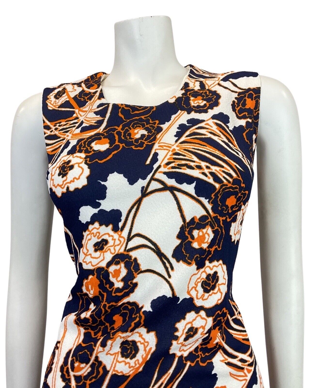 VINTAGE 60s 70s BLUE WHITE ORANGE PSYCHEDELIC FLORAL MOD SLEEVELESS DRESS 10