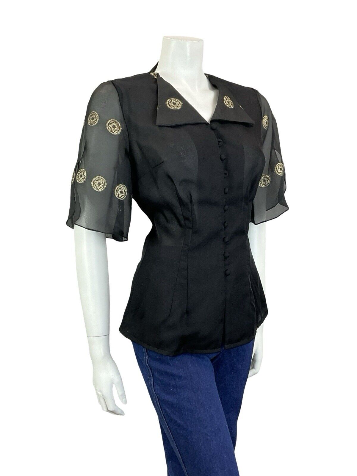 VTG 70S BLACK GOLD ART DECO FLOATY SLEEVE WING COLLAR FITTED PARTY TOP 10