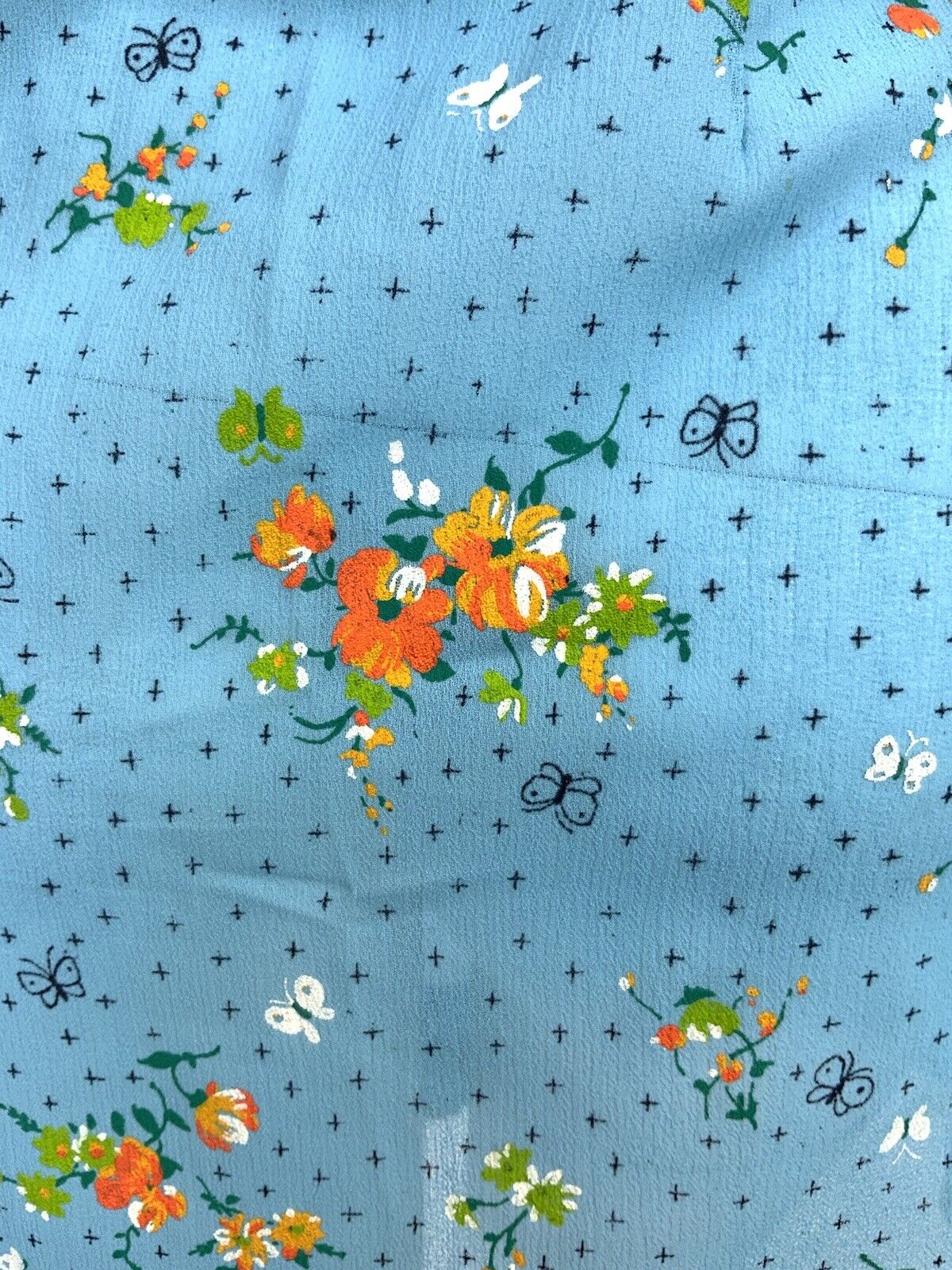 VTG 60s 70s BABY BLUE WHITE ORANGE FLORAL BUTTERFLY MOD SHEER SHIRT DRESS 10 12