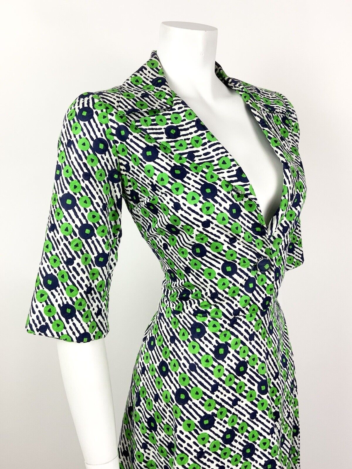 VINTAGE 60s 70s NAVY BLUE GREEN STRIPED FLORAL PLUNGING MOD SHIRT DRESS 12