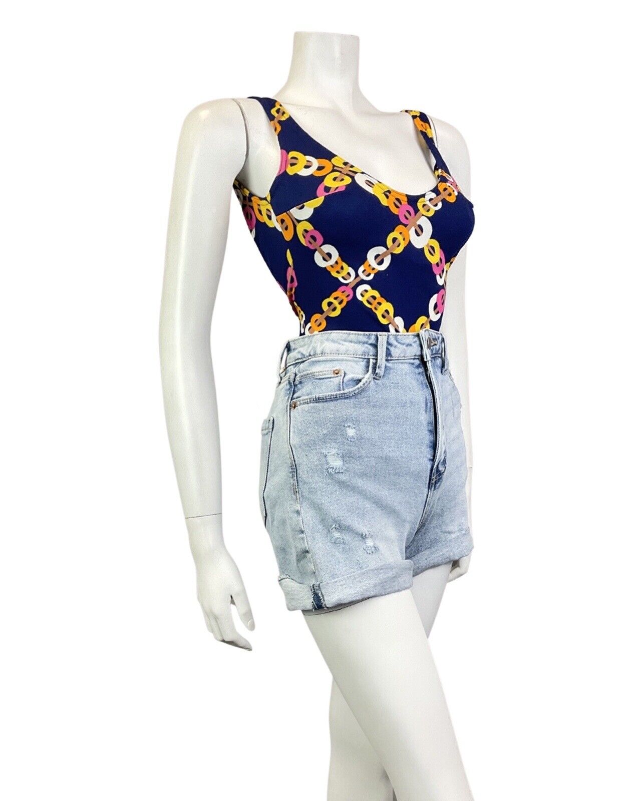 VINTAGE 60s 70s BLUE ORANGE PINK CHAIN-LINK GEOMETRIC MOD SWIMSUIT BODYSUIT 8