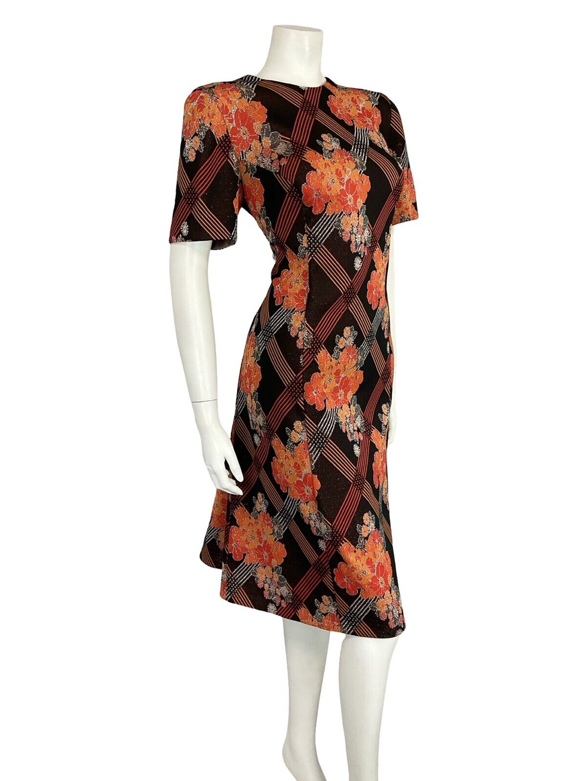 VTG MOD 60S BLACK ORANGE SILVER GLITTER FLORAL CHECKED PARTY MIDI DRESS 16