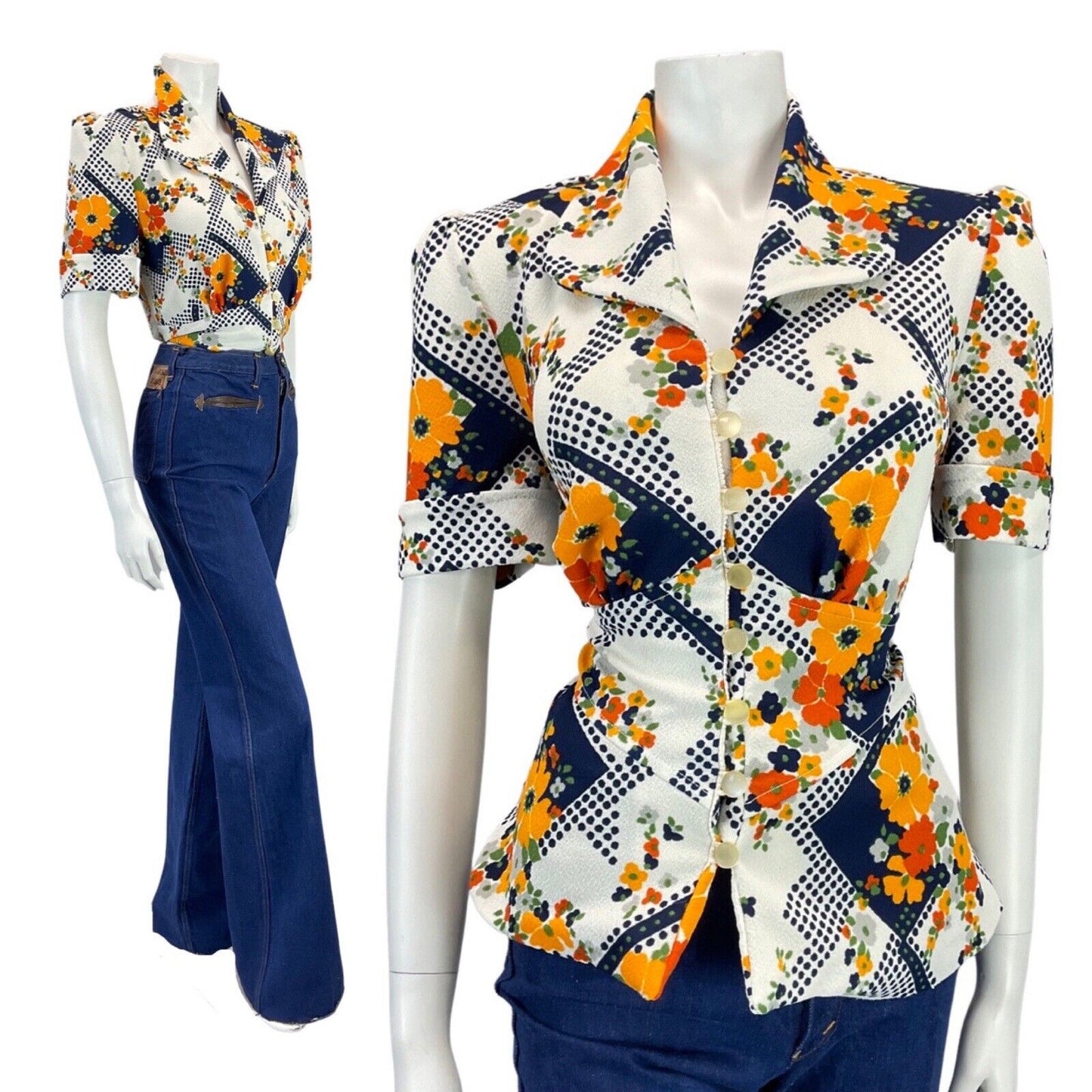 VINTAGE 70s WHITE BLUE ORANGE FLORAL POPPY PEPLUM SHIRT BLOUSE 12