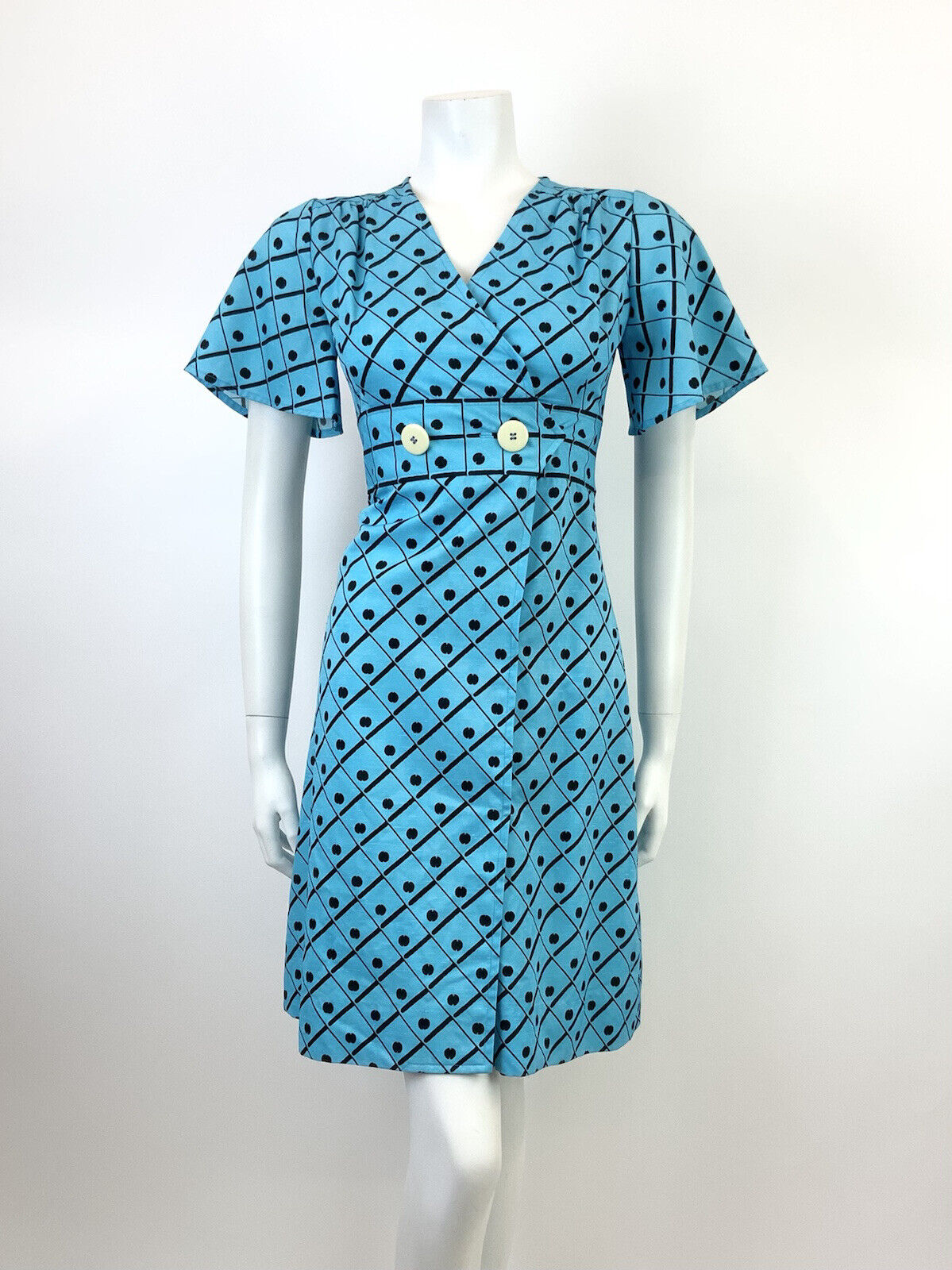 VINTAGE 60s 70s BRIGHT BLUE BLACK GRID CHECKED DOTTY BELL SLEEVE MOD DRESS 8 10