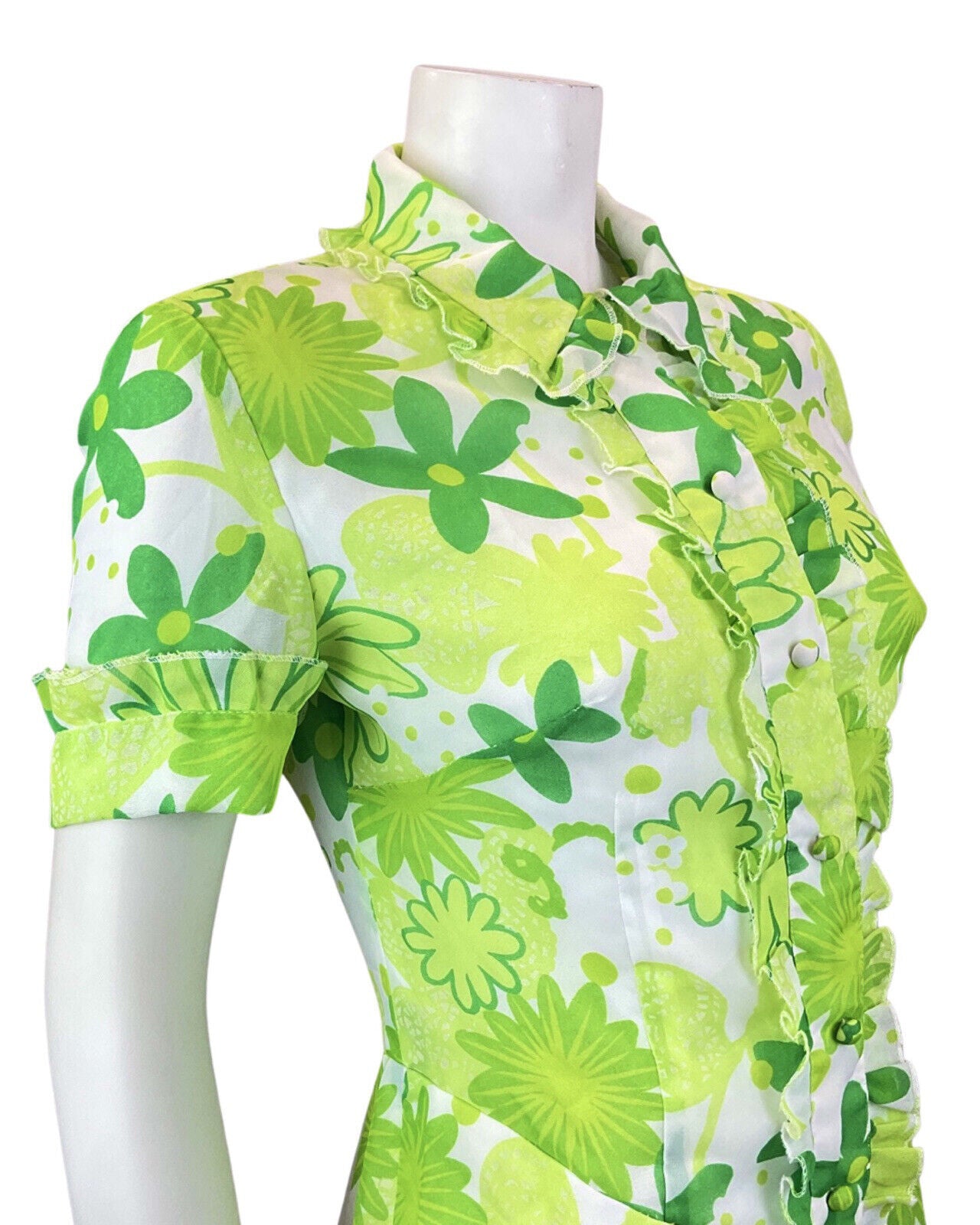 VINTAGE 60s 70s LIME FOREST APPLE GREEN FLORAL DAISY MOD SHIRT DRESS 10 12
