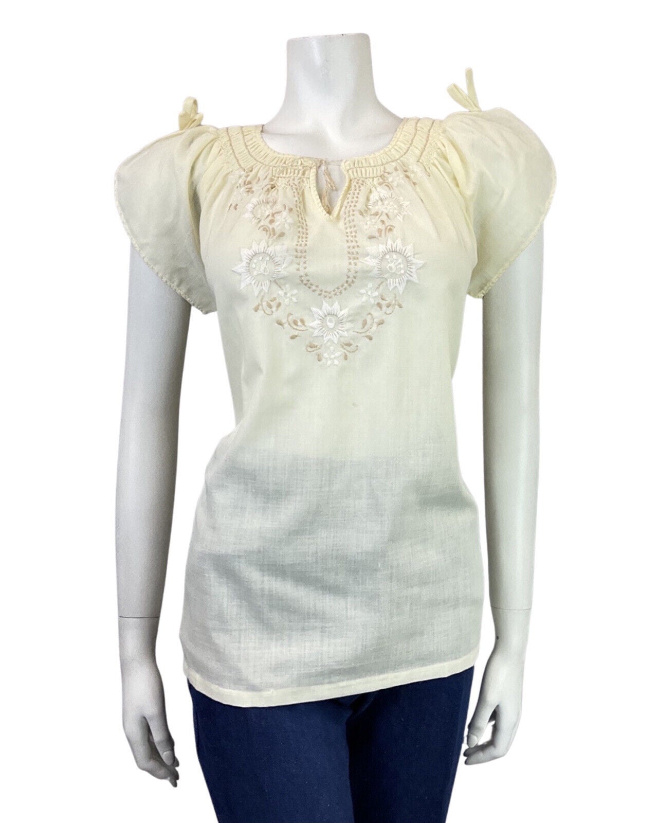 VINTAGE 60s 70s CREAM YELLOW BEIGE FLORAL EMBROIDERED BOHO FOLK BLOUSE 12 14