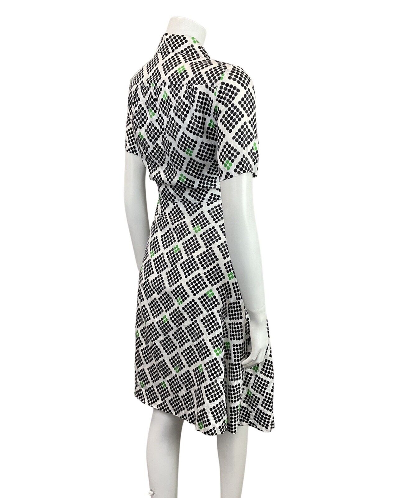 VINTAGE 60s 70s WHITE BLACK GREEN GEOMETRIC DOTTY WING COLLAR MOD SHIRT DRESS 8