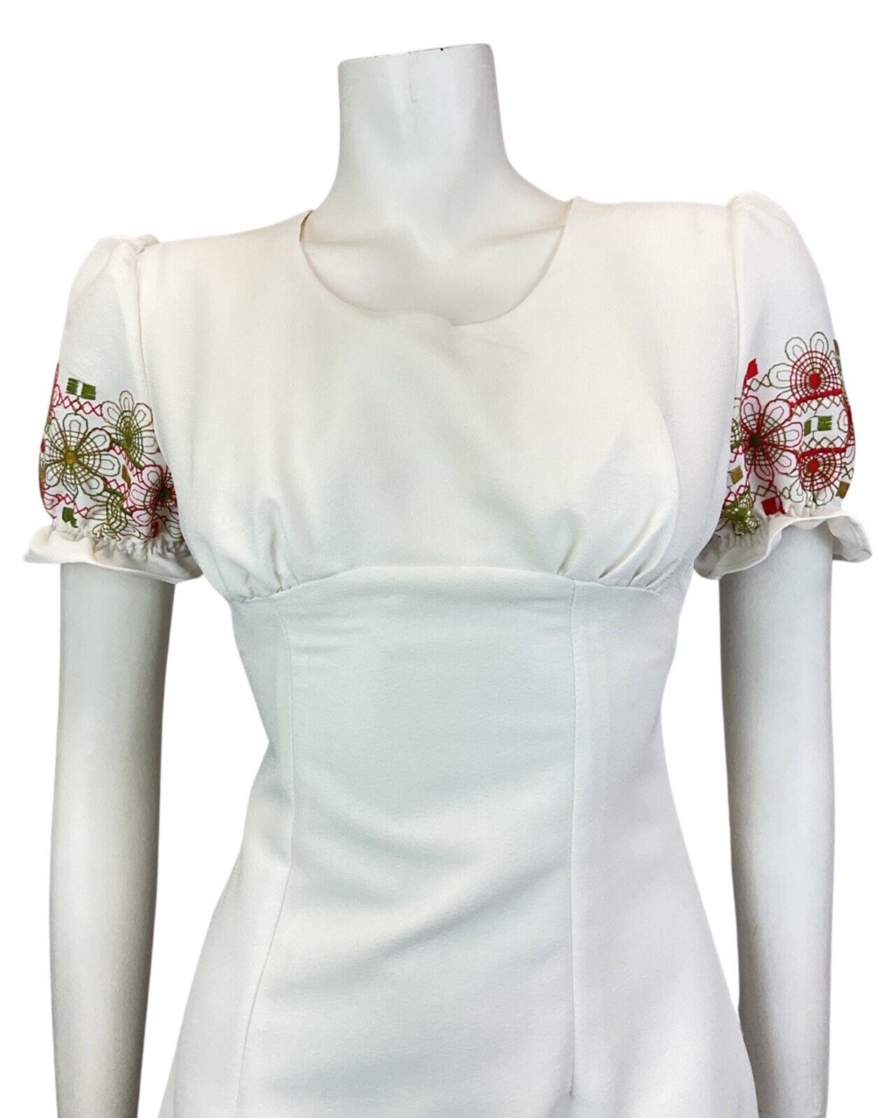VINTAGE 60s 70s WHITE RED GREEN EMBROIDERED FLORAL PUFF SLEEVE MOD DRESS 8 10