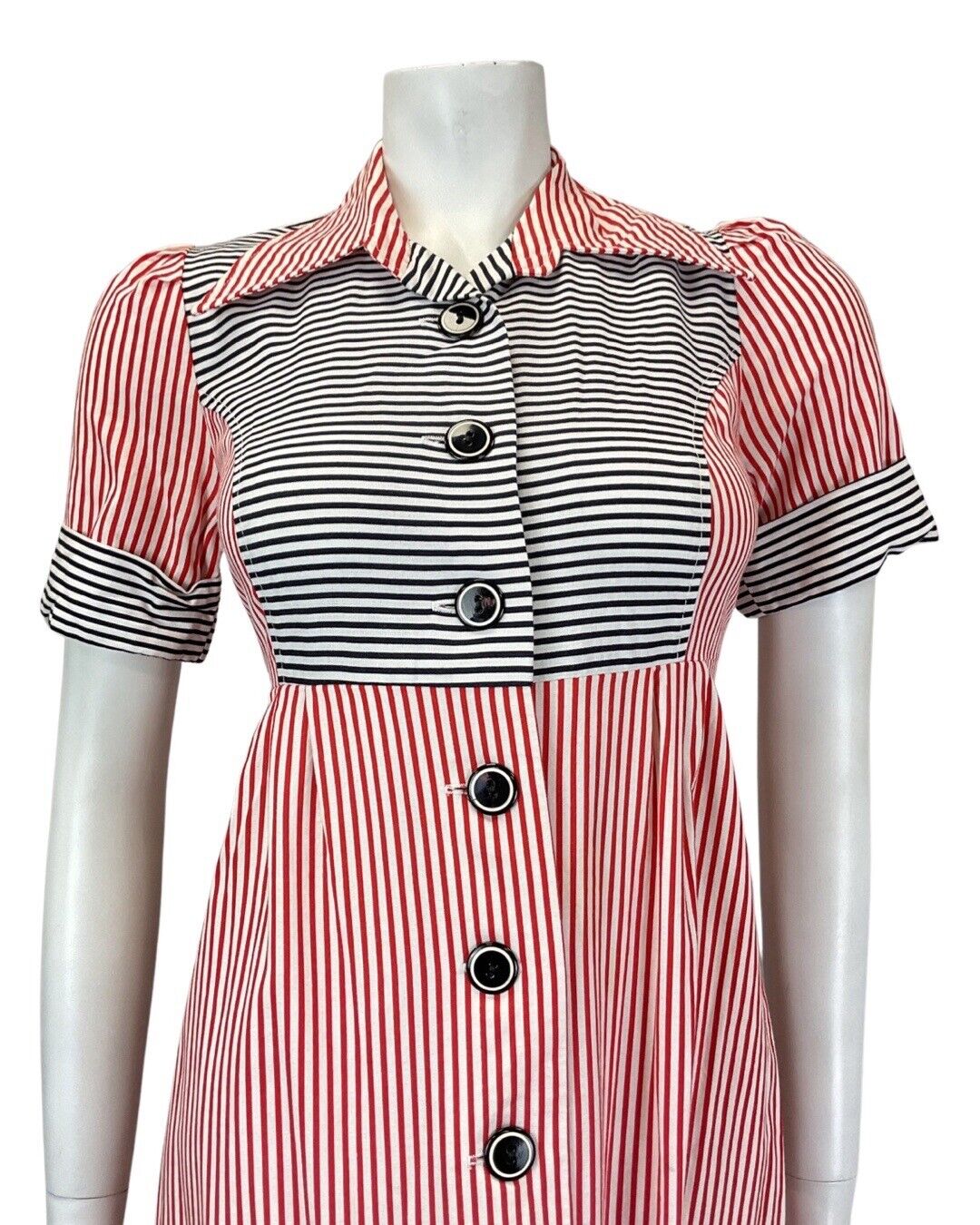 VINTAGE 60s 70s RED WHITE BLACK STRIPED BELTED MOD DAGGER MIDI SHIRT DRESS 8 10