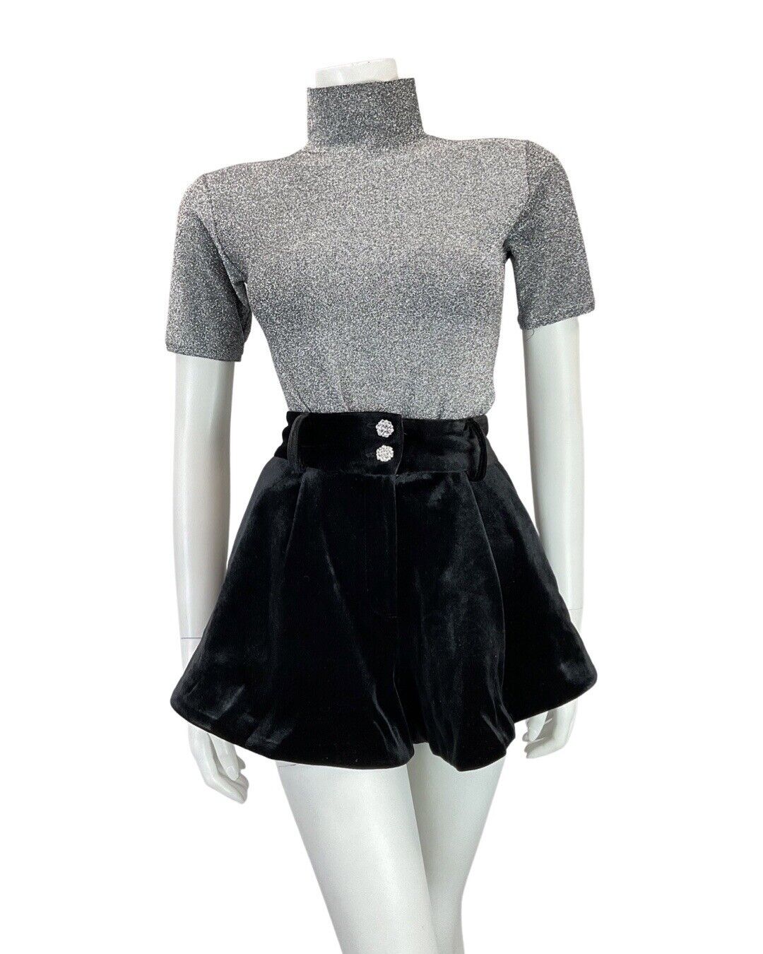 VINTAGE 70s SILVER GLITTER HIGH-NECK SHORT SLEEVE FITTED LUREX BLOUSE TOP 6 8
