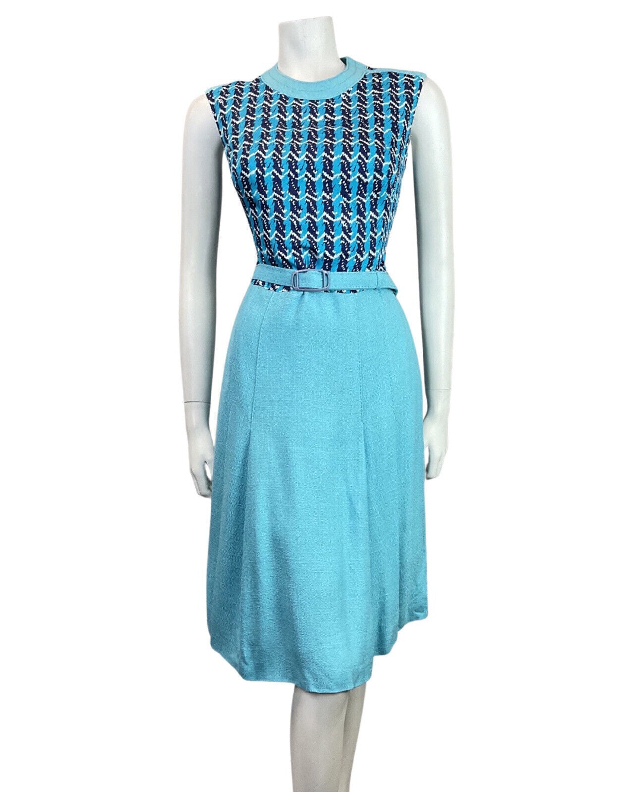 VINTAGE 60s 70s BLUE NAVY WHITE STRIPED ZIG-ZAG MOD BELTED DRESS 10 12