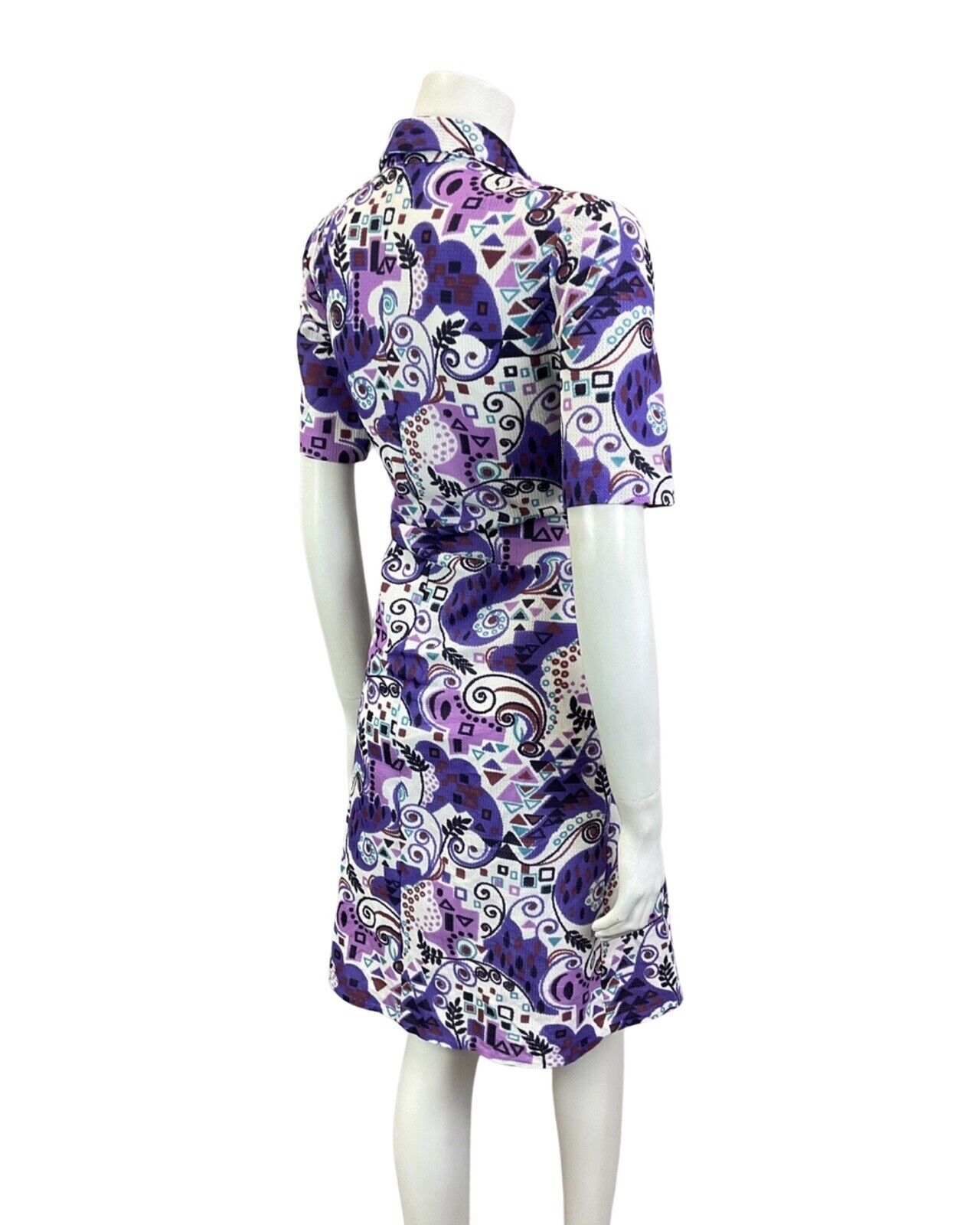 VINTAGE 60s 70s PURPLE TEAL BLUE PSYCHEDELIC SWIRL GEOMETRIC MOD SHIRT DRESS 14