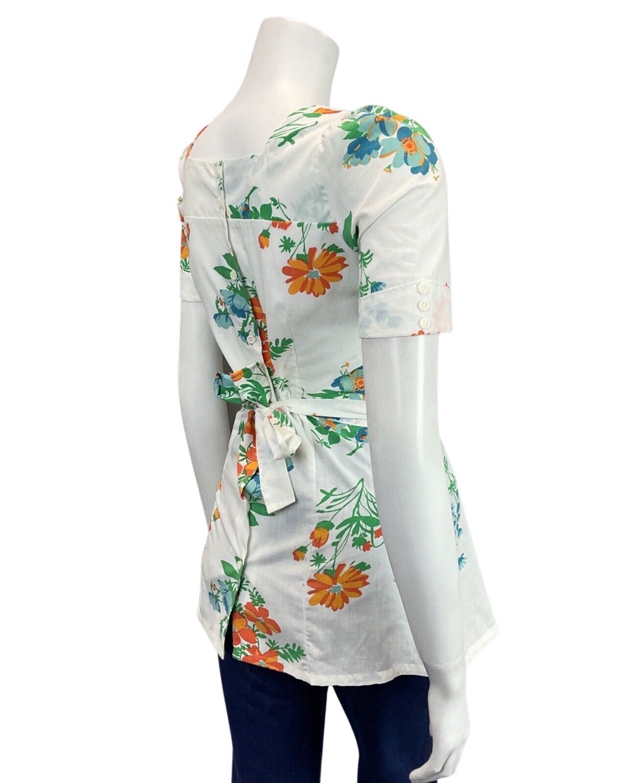 VINTAGE 60s 70s WHITE GREEN BLUE FLORAL FITTED SHORT SLEEVE TUNIC BLOUSE 10