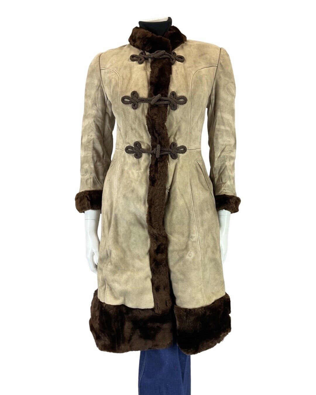 VINTAGE 60s 70s PEANUT BROWN ZHIVAGO BROCADE SUEDE LEATHER SHEARLING COAT 6 8