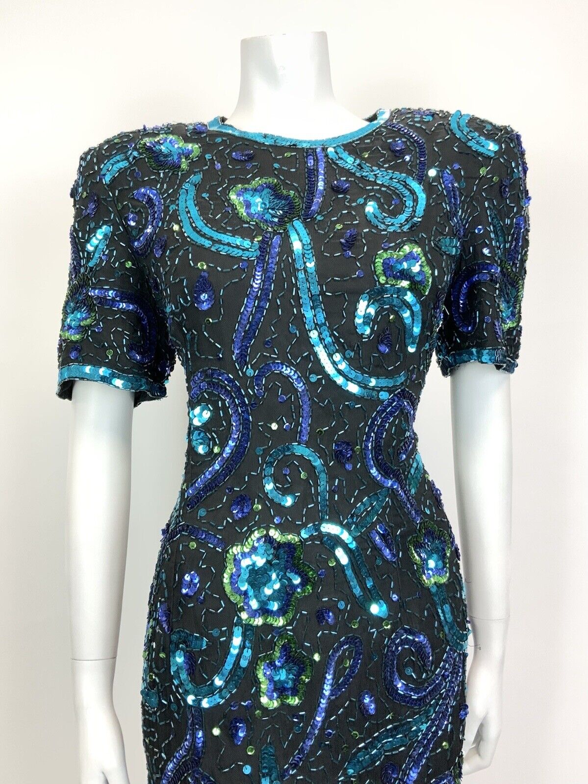 VTG 70s 80s BLACK BLUE GREEN VINE FLORAL SEQUIN DISCO STUDIO 54 PARTY DRESS 14