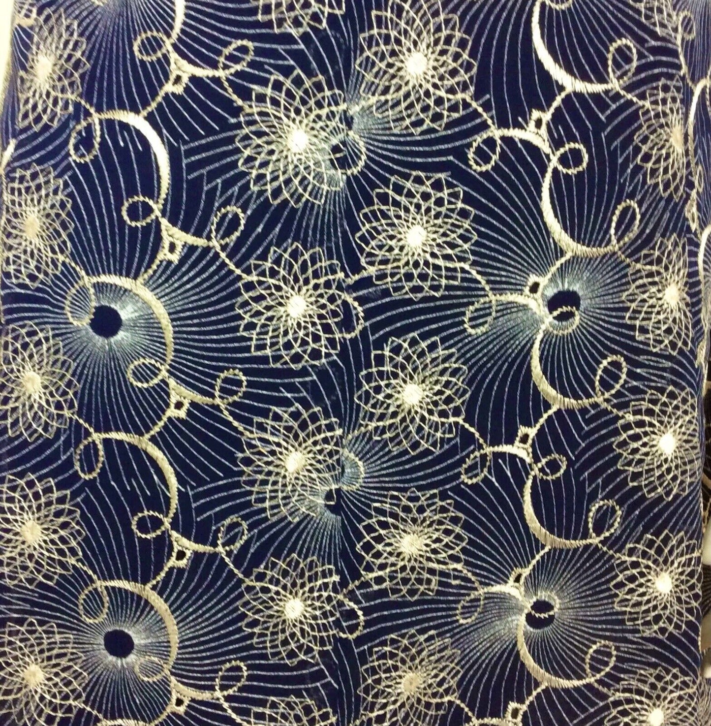 VINTAGE 1960S NAVY BLUE WHITE EMBROIDERED FLORAL SPIROGRAPH DRESS 10 12