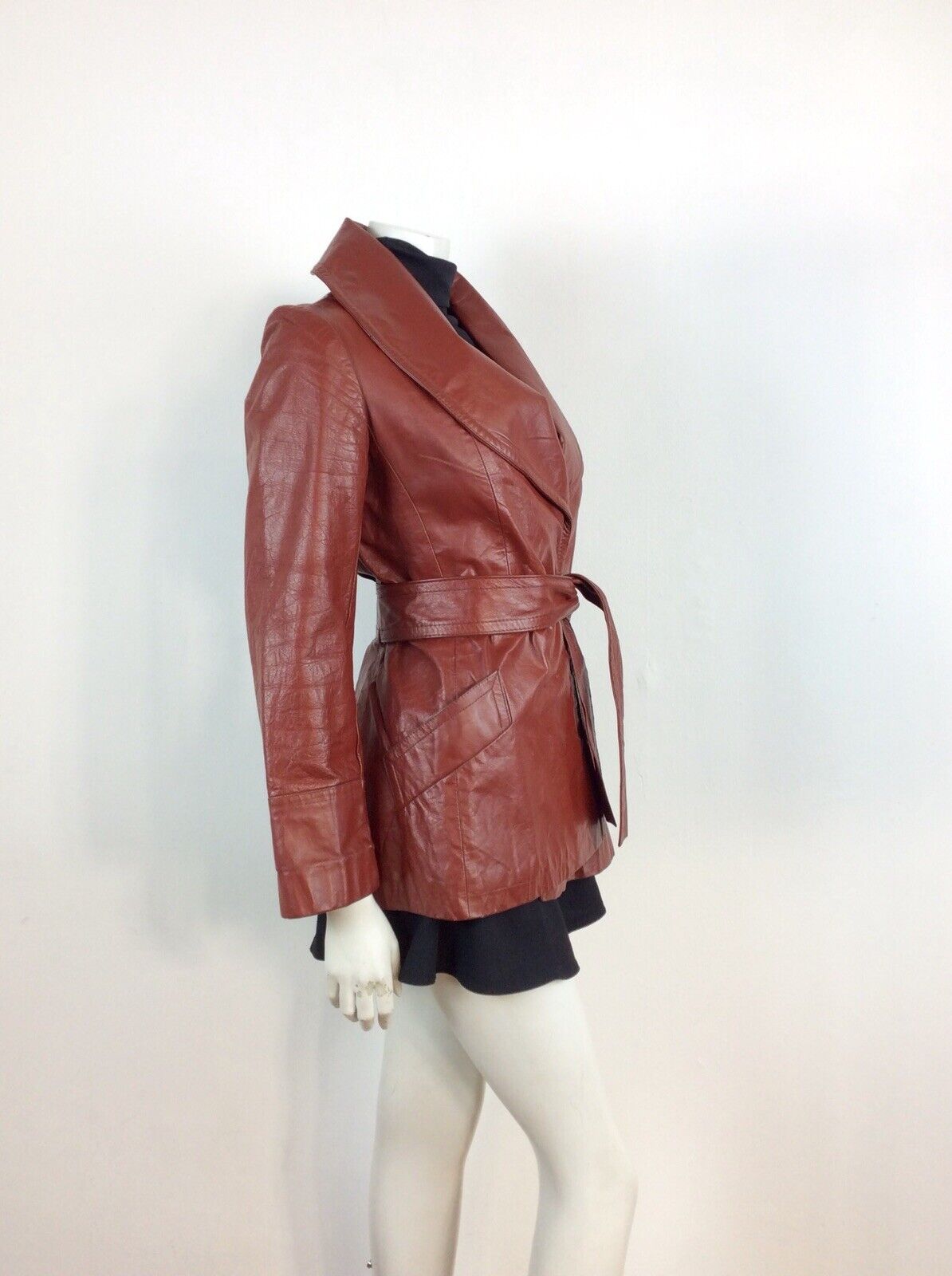CLASSIC TRUE VINTAGE 60s 70s BROWN BURGUNDY WINE LEATHER WRAP JACKET 8 10 12