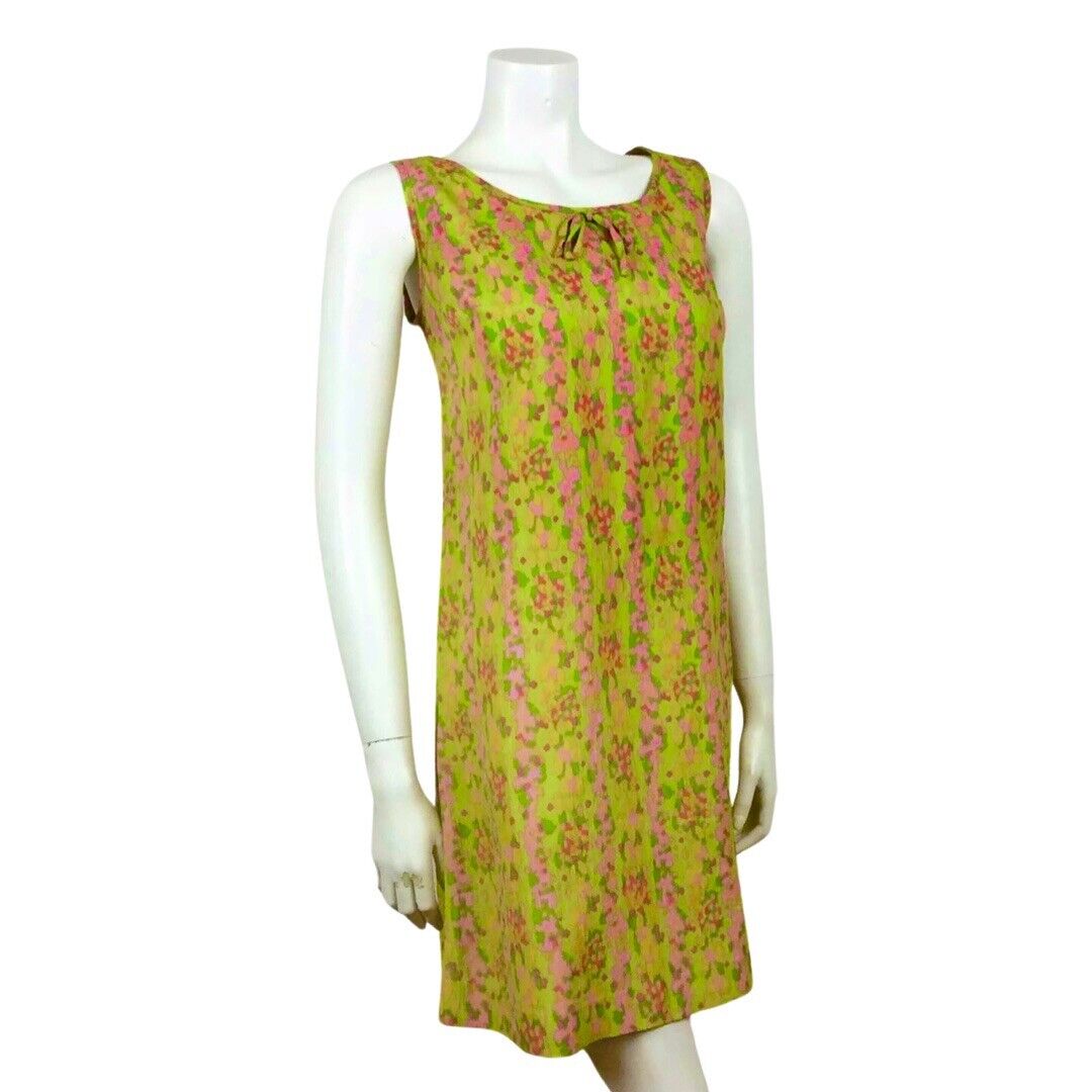 VINTAGE 60s BRIGHT GREEN PINK PSYCHEDELIC SHIFT DRESS 12 14