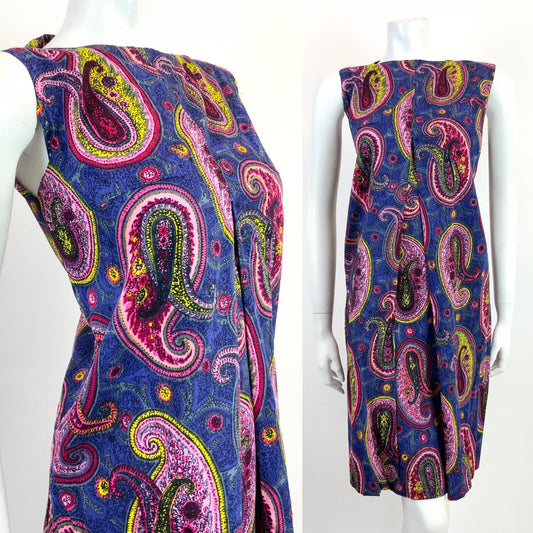 VTG 60s 70s BLUE PINK YELLOW PSYCHEDELIC PAISLEY MOD SHIFT  A-LINE DRESS 10 12