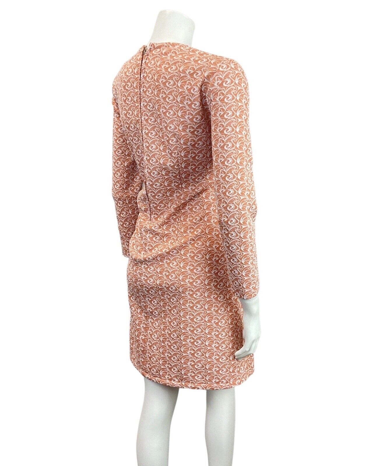 VINTAGE 60s 70s PEACH ORANGE WHITE SWIRL LONG-SLEEVE MOD SHORT DRESS 14 16