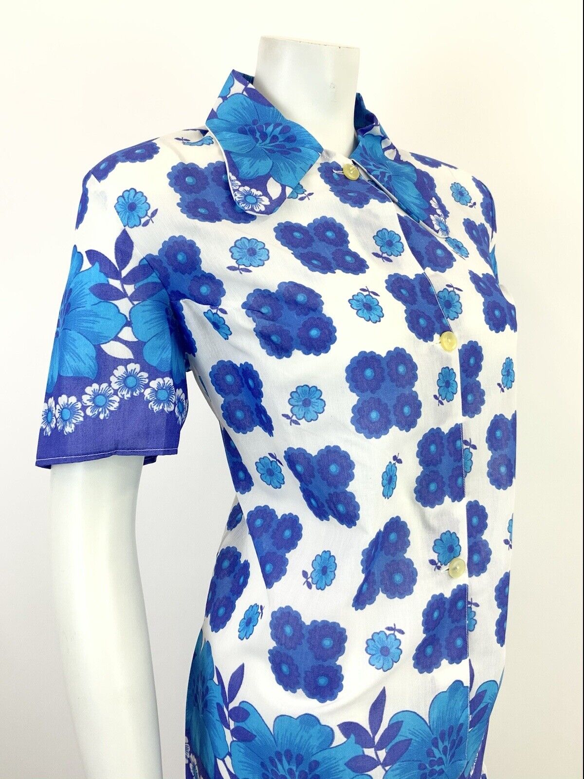 VINTAGE 60s 70s WHITE BLUE PURPLE FLORAL DOG EAR COLLAR MOD SHIRT SHIFT DRESS 16