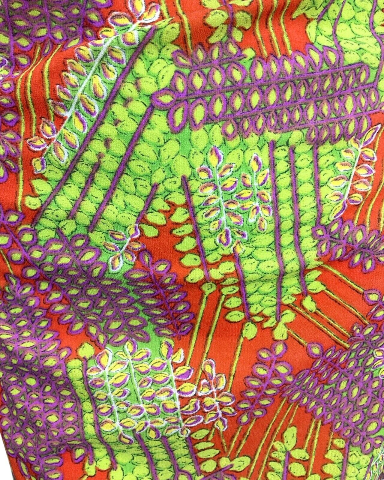 VINTAGE 60s 70s ORANGE GREEN PURPLE PSYCHEDELIC VINE LEAFY BOW MOD DRESS 12 14