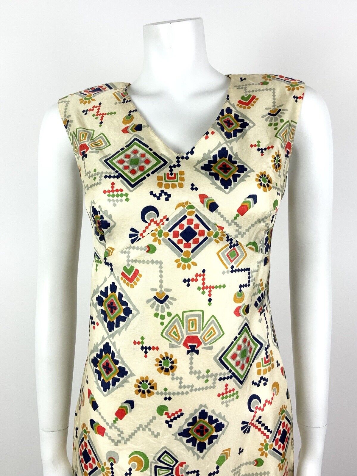 VINTAGE 60s 70s CREAM BLUE RED GREEN AZTEC FLORAL GEOMETRIC MOD DRESS 12 14