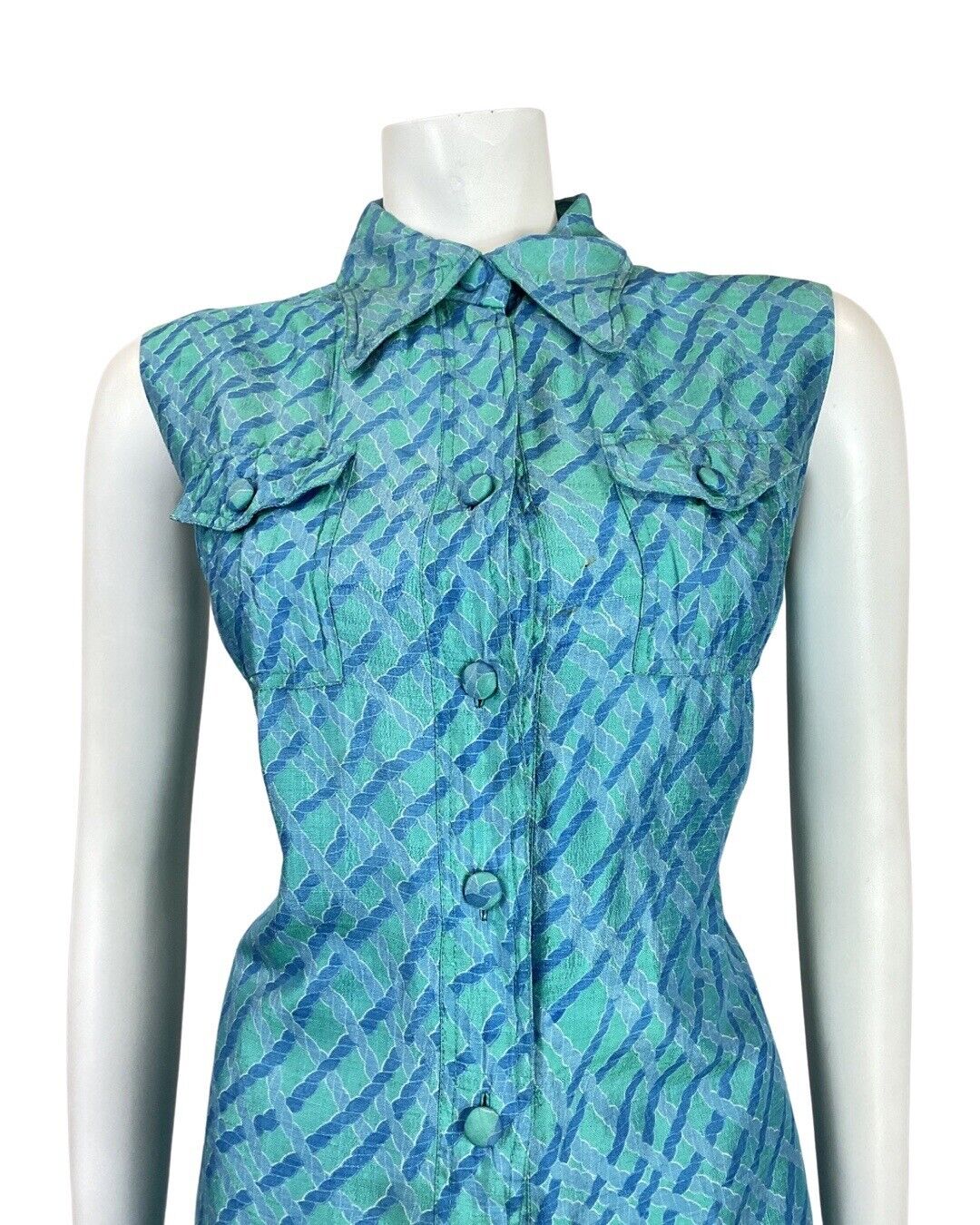 VINTAGE 60s 70s BLUE GREEN ROPE BRAIDED MOD SILK DAGGER SHIRT DRESS 12 14