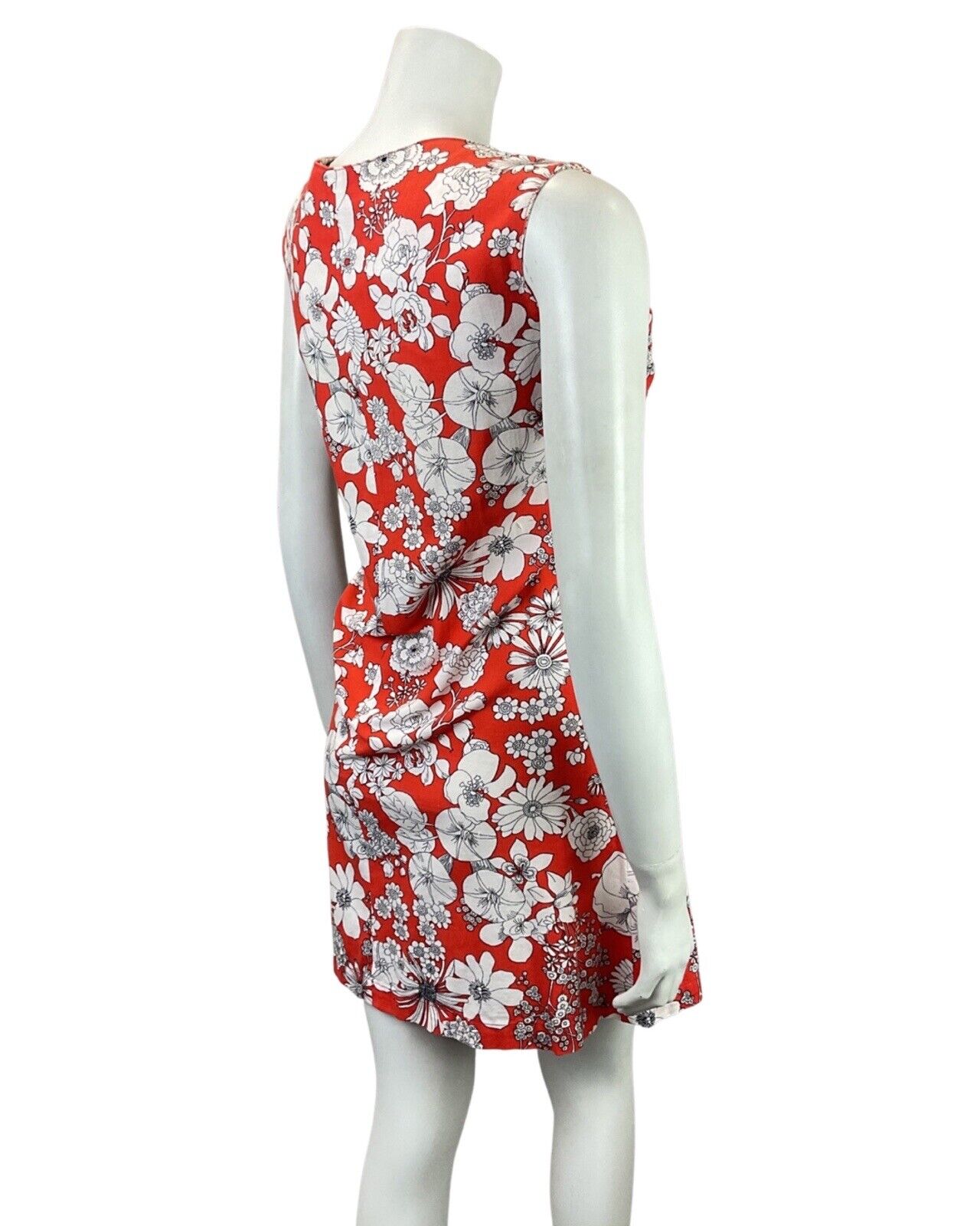 VINTAGE 60s 70s RED WHITE BLACK FLORAL MOD SLEEVELESS A-LINE SHIFT DRESS 12