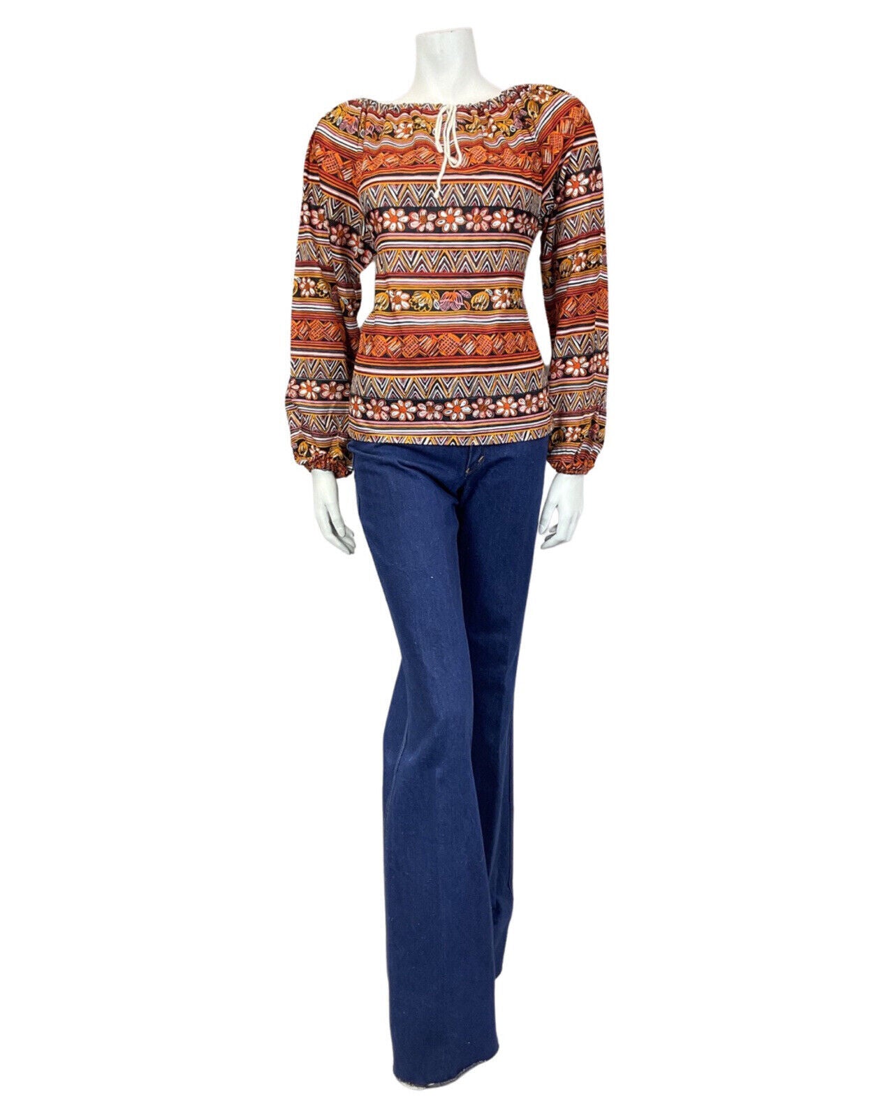 VINTAGE 70s RED YELLOW BLACK AZTEC FLORAL STRIPED BOHO LONG-SLEEVE BLOUSE 12 14