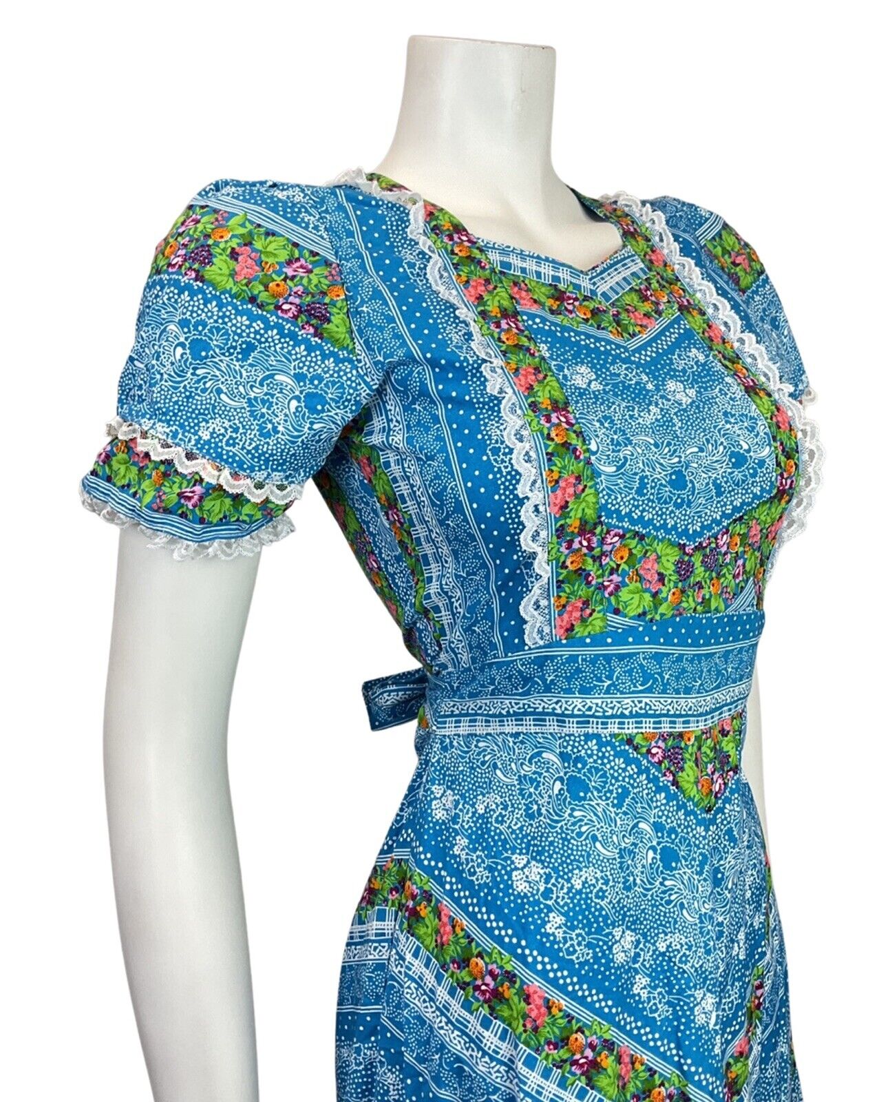 VINTAGE 70s BLUE GREEN WHITE FLORAL BERRY LACE DOTTY FOLK PRAIRIE BOHO DRESS 4
